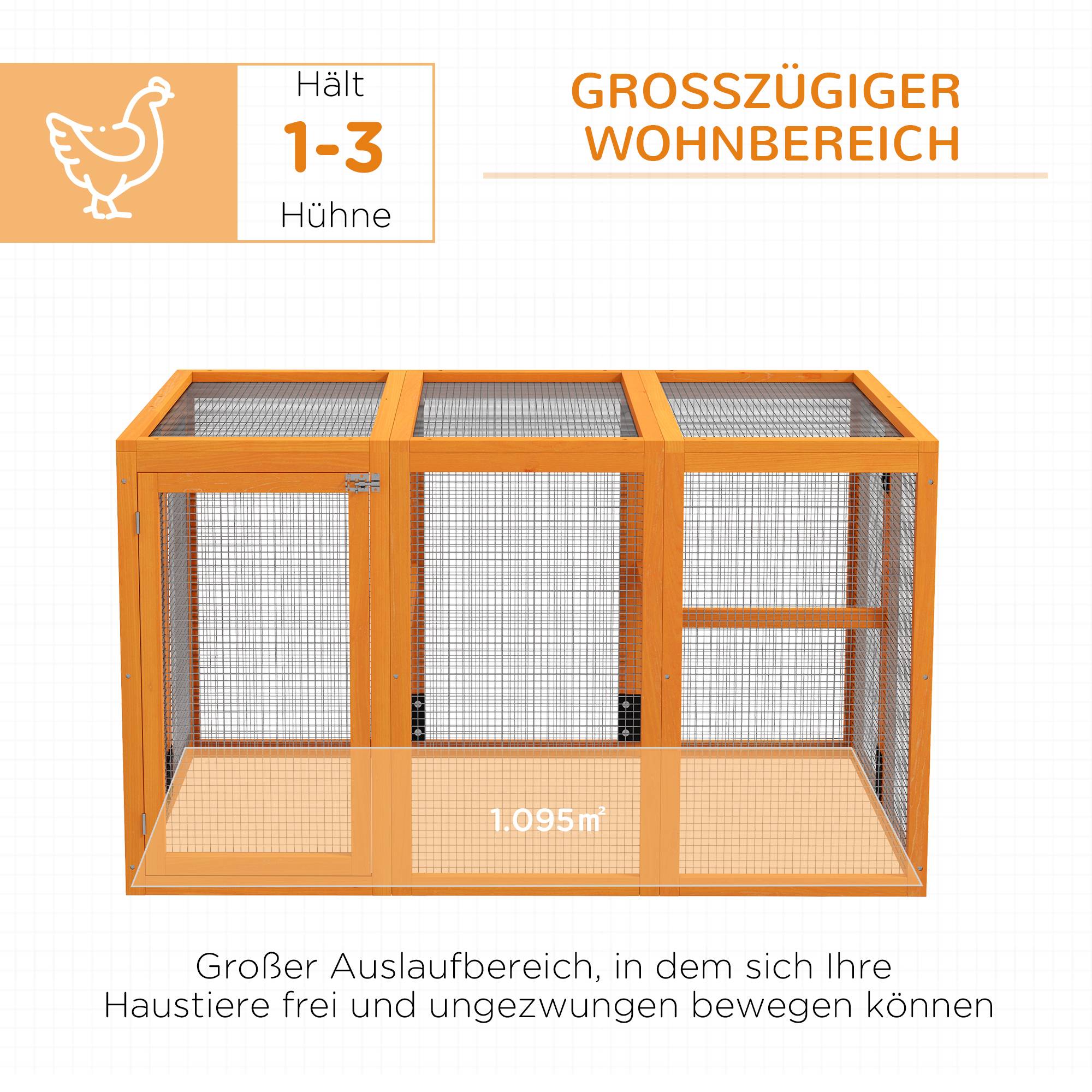 Poulailler pour 1-3 poules, cadre bois, fil acier, design extensible, perchoirs bois, orange - Image 6