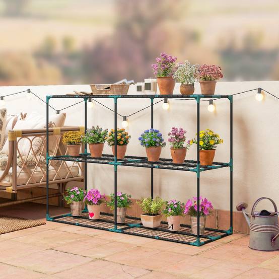 Support plantes 3 niveaux acier balcon optimisation espace 143x48x100cm vert foncé - ComfortXL Outdoor Living - Image 4