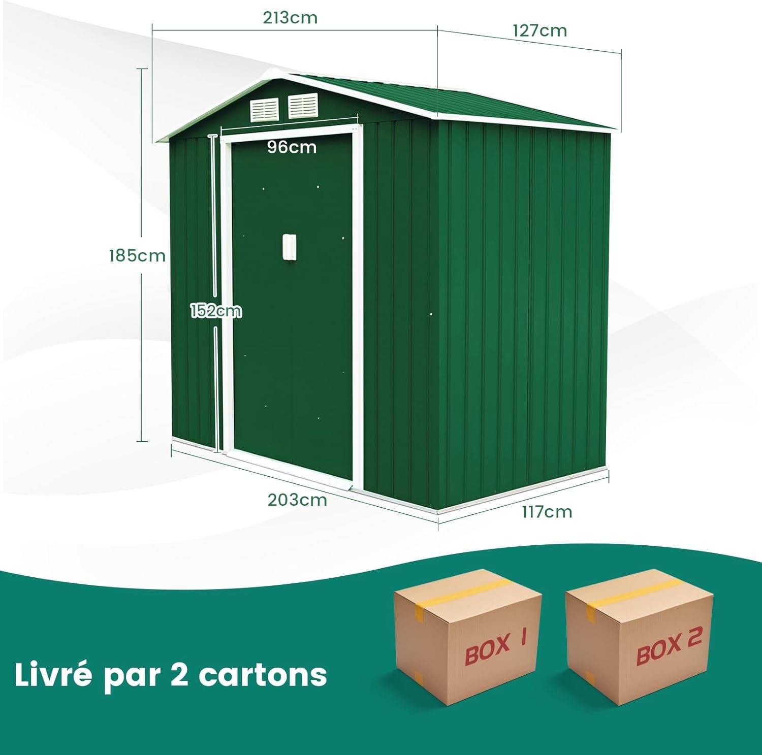 Abri de jardin remise de stockage avec porte coulissante et 2 fenêtres 213 x 127 x 185 cm - Image 10