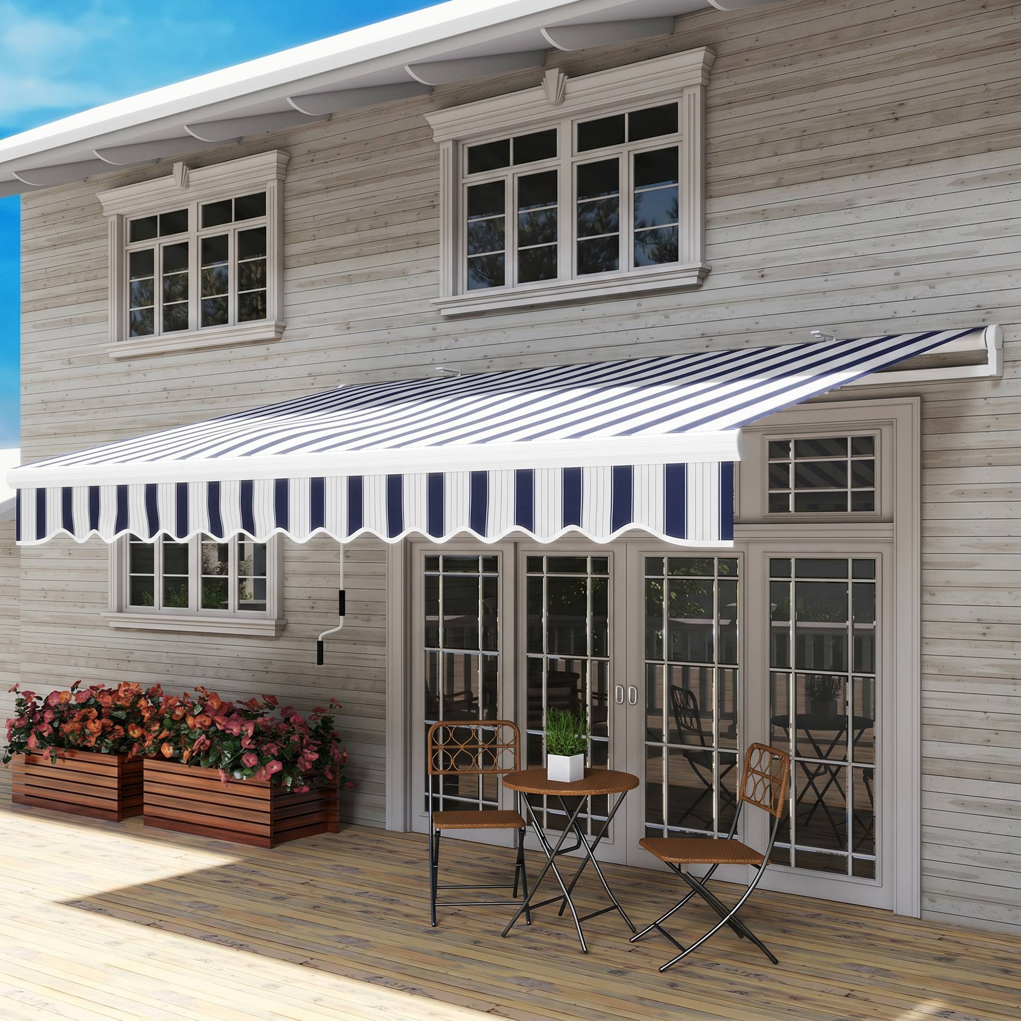 Sans Marque - Store banne rétractable manuel 395 x 245 cm, bras articulé à angle réglable, protection UV et étanchéité, fixation murale, bleu et blanc - Image 4