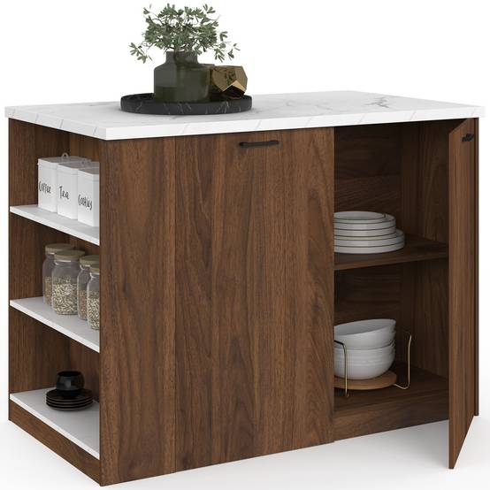 IDMARKET - Ilot central TIBO 120 cm bois foncé effet noyer avec plan de travail effet marbre ALASKA - Image 2