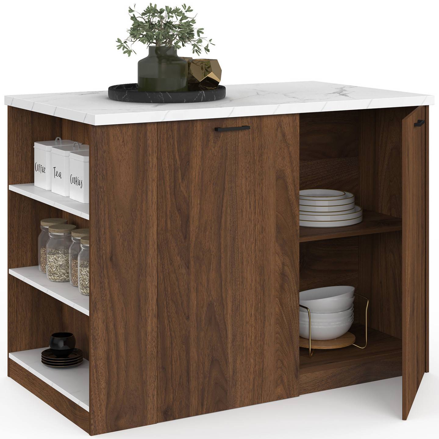 IDMARKET - Ilot central TIBO 120 cm bois foncé effet noyer avec plan de travail effet marbre ALASKA - Image 2