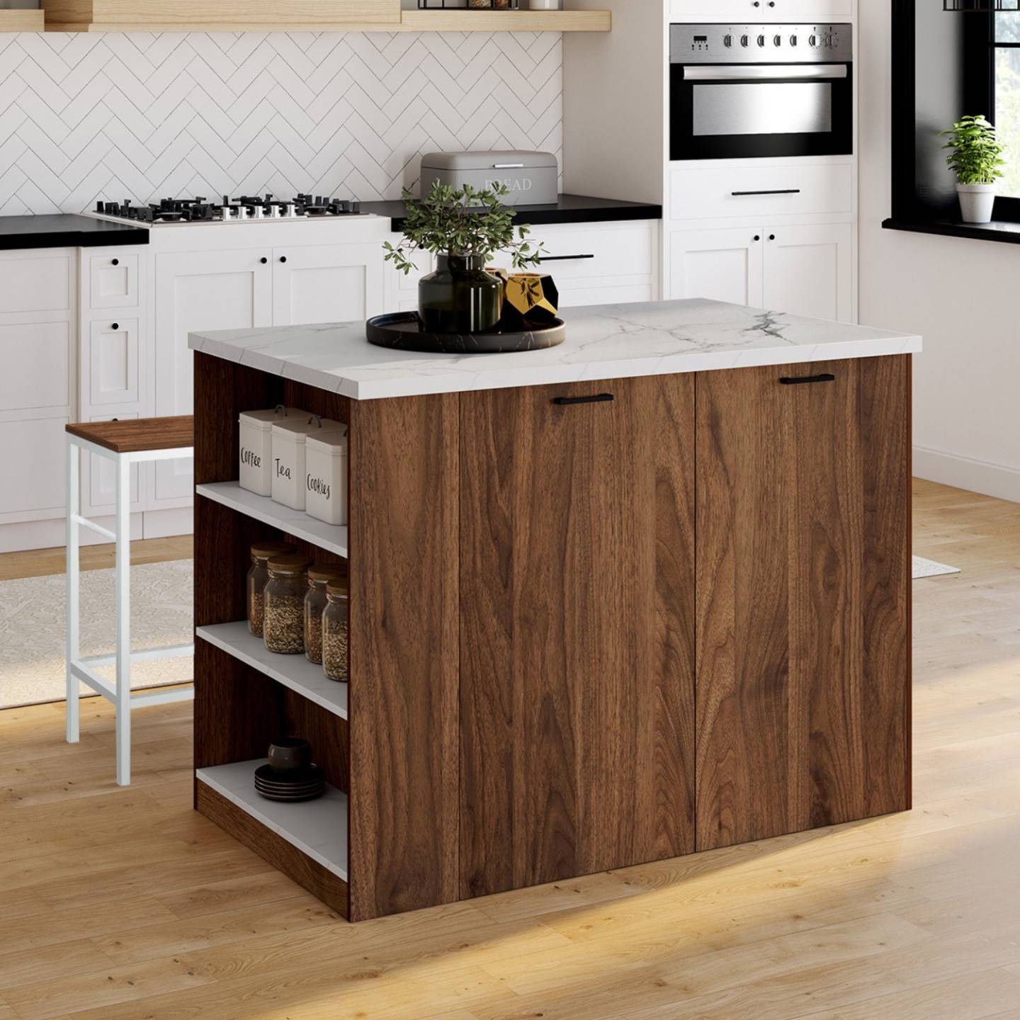 IDMARKET - Ilot central TIBO 120 cm bois foncé effet noyer avec plan de travail effet marbre ALASKA - Image 1