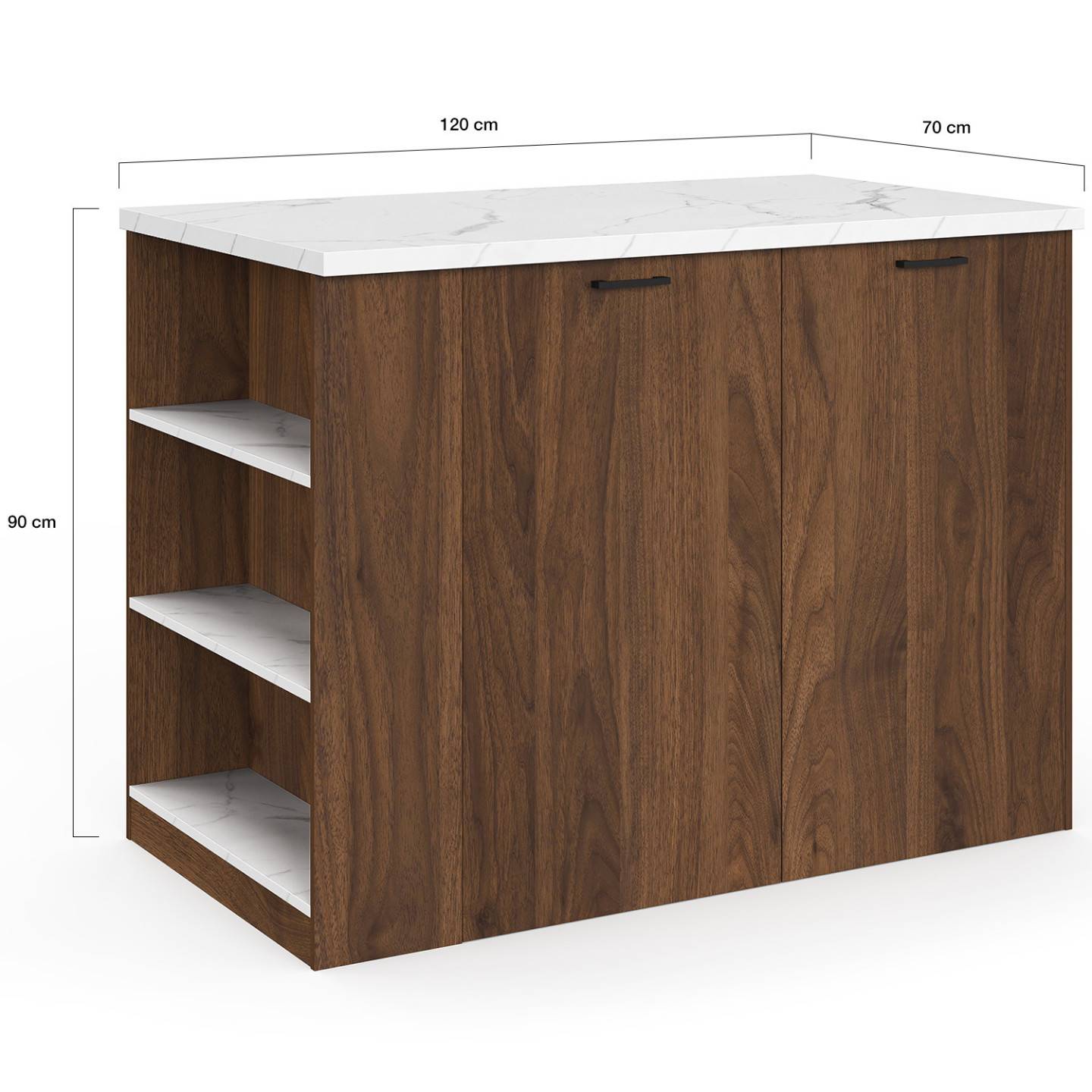 IDMARKET - Ilot central TIBO 120 cm bois foncé effet noyer avec plan de travail effet marbre ALASKA - Image 5