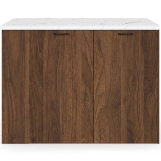 IDMARKET - Ilot central TIBO 120 cm bois foncé effet noyer avec plan de travail effet marbre ALASKA - Image 3