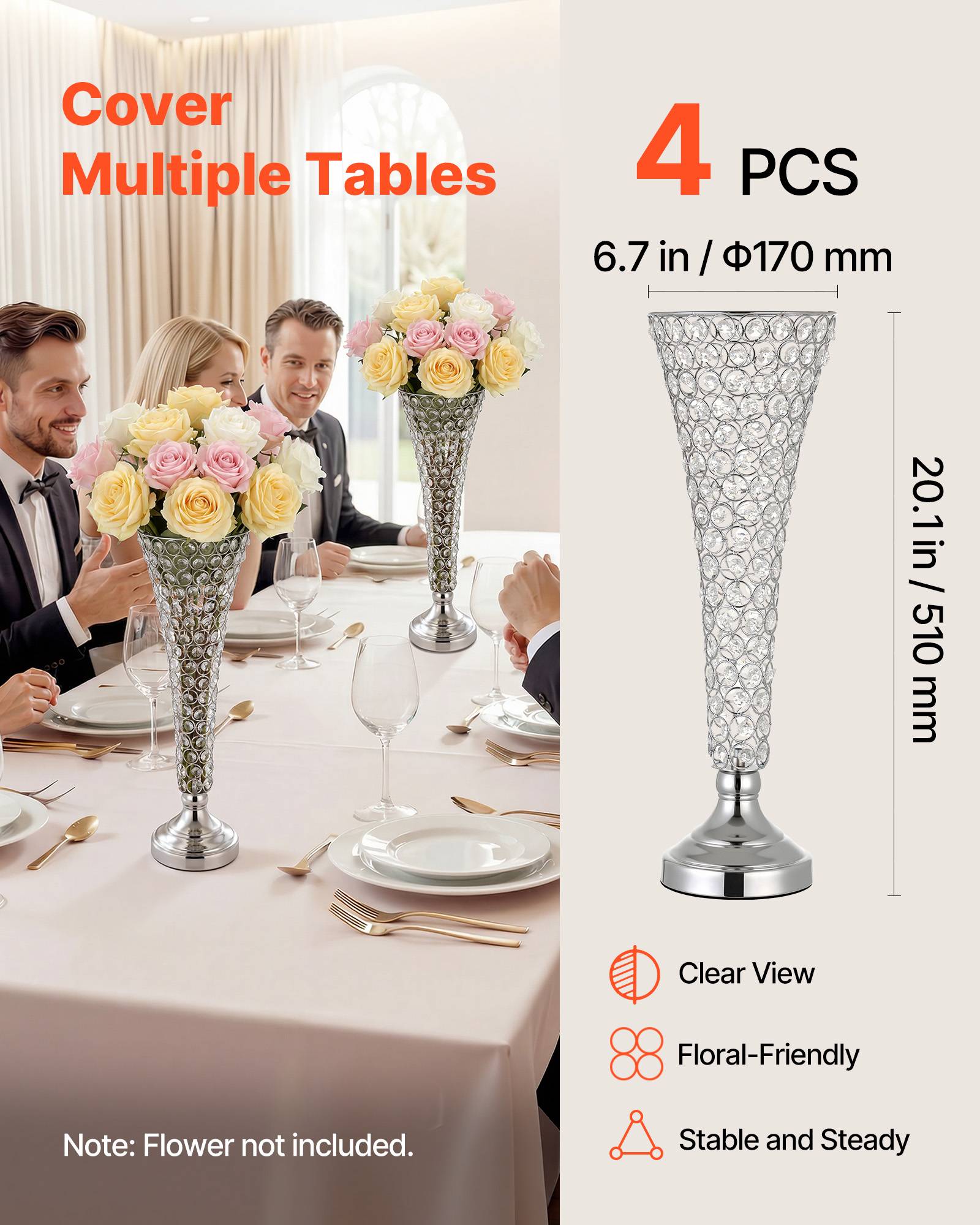 Vevor - VEVOR Vase Mariage Centre de Table Métal 51 cm 4 PCS Argenté avec Perles Cristal - Image 3