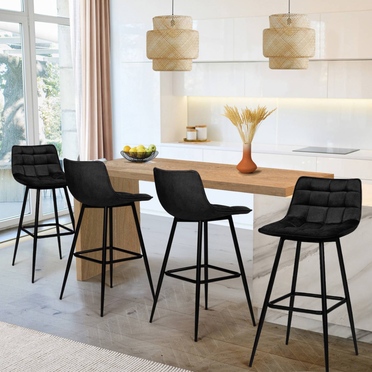 Lot de 4 tabourets de bar MADY en velours noir - Image 1