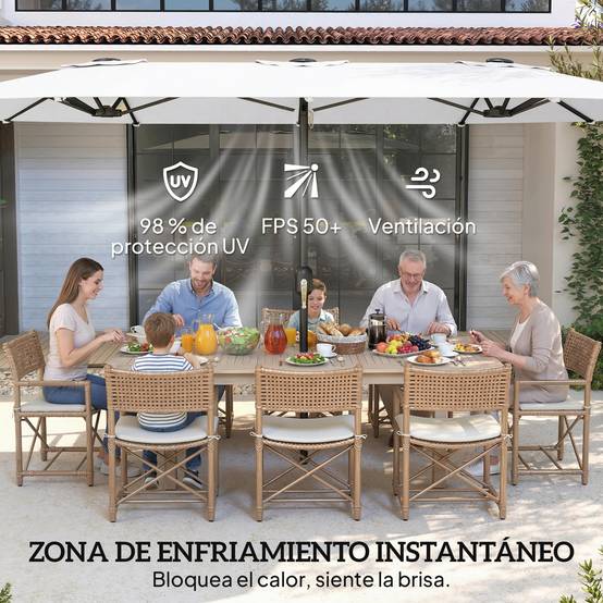 Parasol double de jardin 4,6 x 2,6 m avec manivelle, protection UV50+, housse imperméable blanche - Image 7