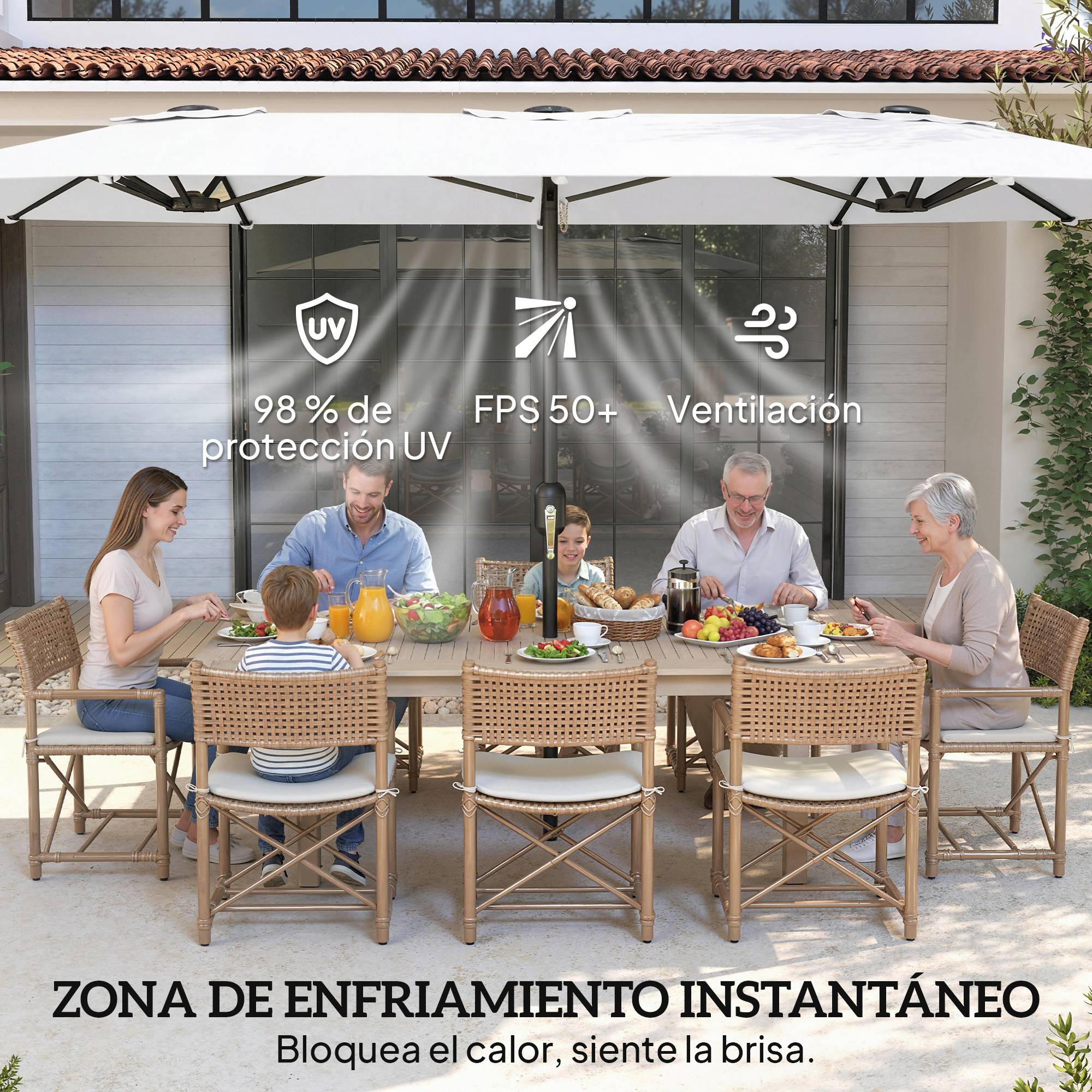 Parasol double de jardin 4,6 x 2,6 m avec manivelle, protection UV50+, housse imperméable blanche - Image 7