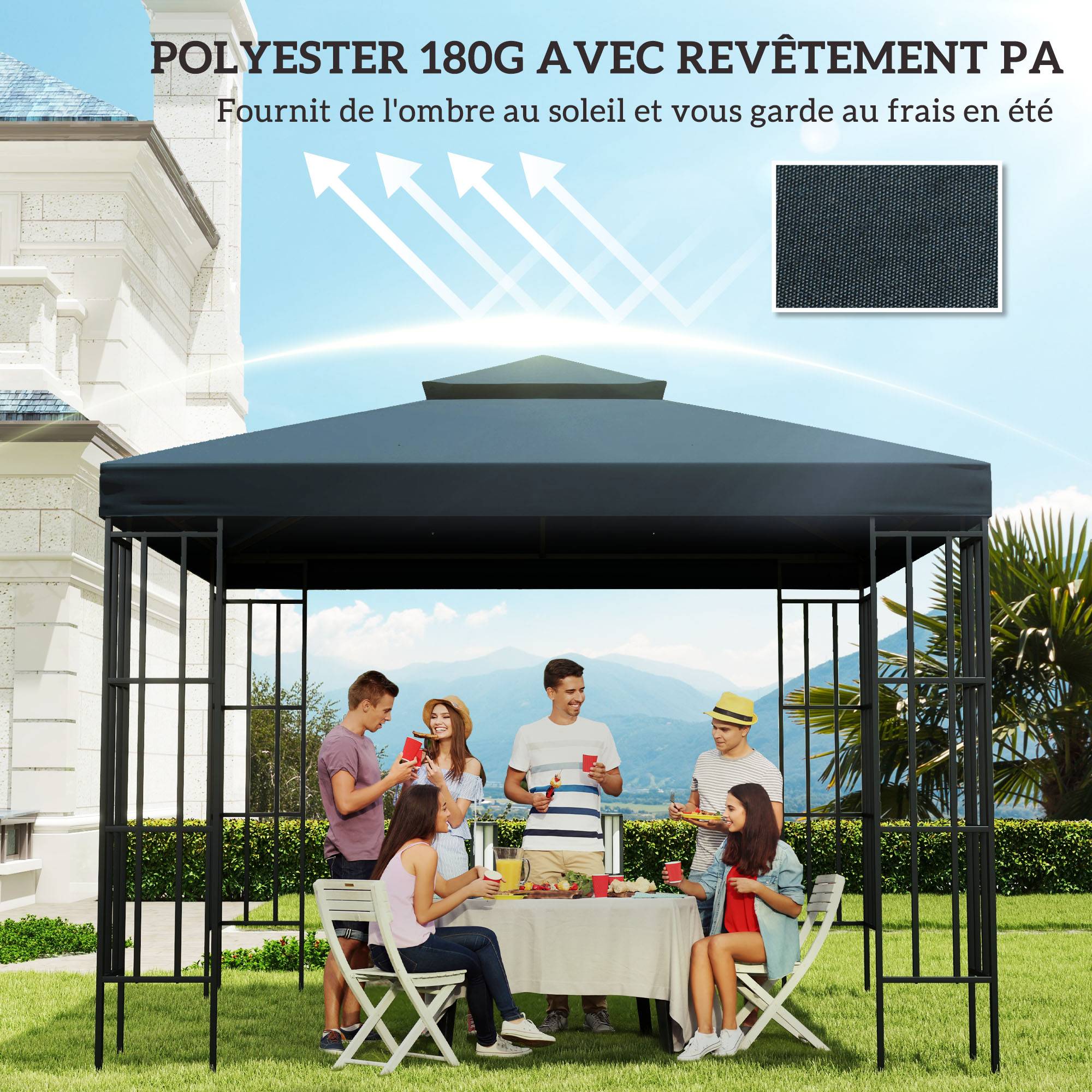 Toile de rechange pour pavillon tonnelle tente 3 x 3 m polyester haute densité 180 g/m² gris foncé - Image 8