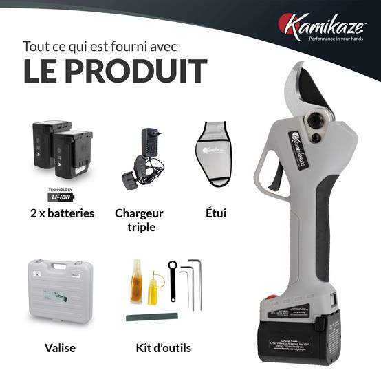 KAMIKAZE KV390. Sécateur électrique professionnel. Avec batterie 21,6 V. Ø 35 mm. Comprend une mallette de transport avec chargeur, 2 batteries - Image 8