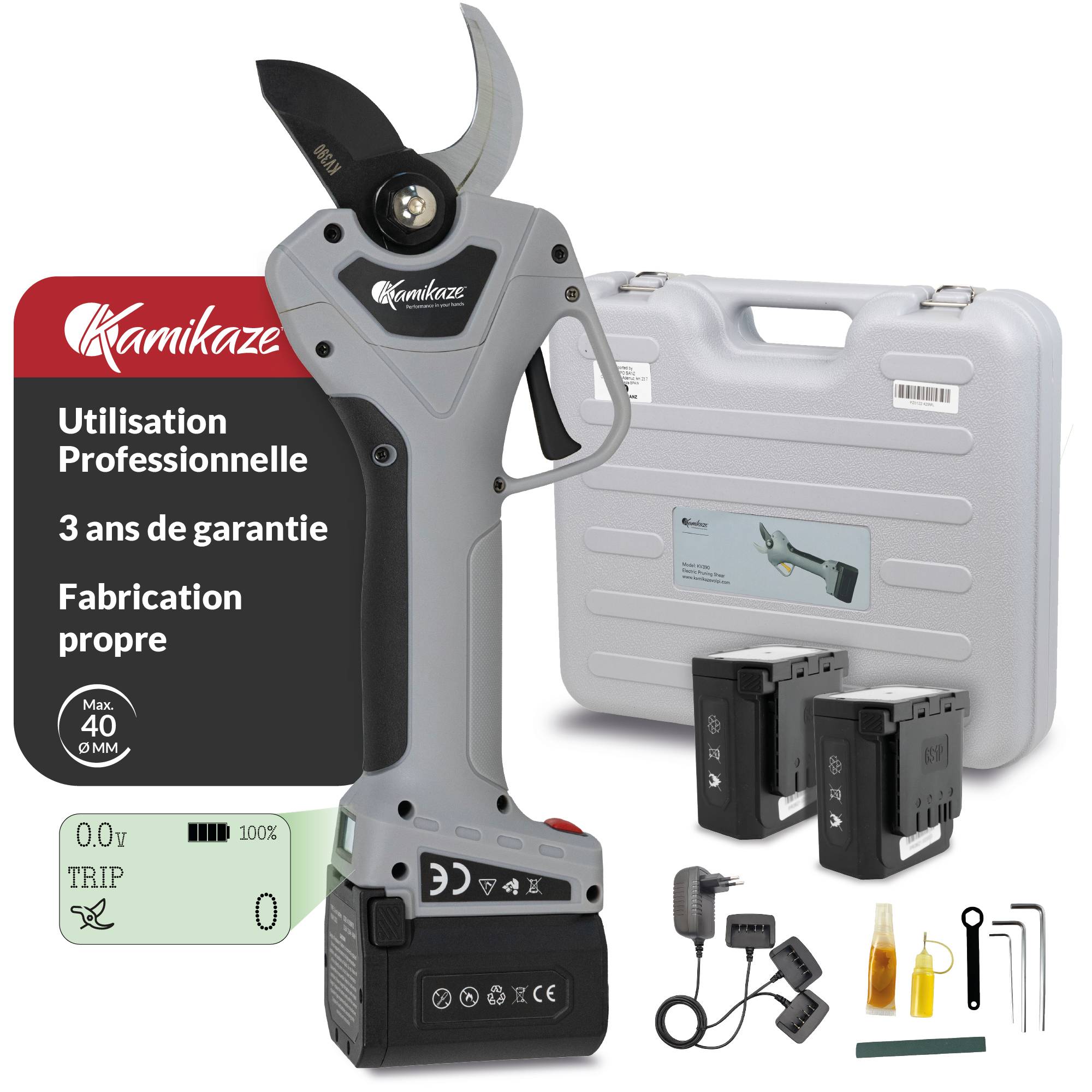 KAMIKAZE KV390. Sécateur électrique professionnel. Avec batterie 21,6 V. Ø 35 mm. Comprend une mallette de transport avec chargeur, 2 batteries