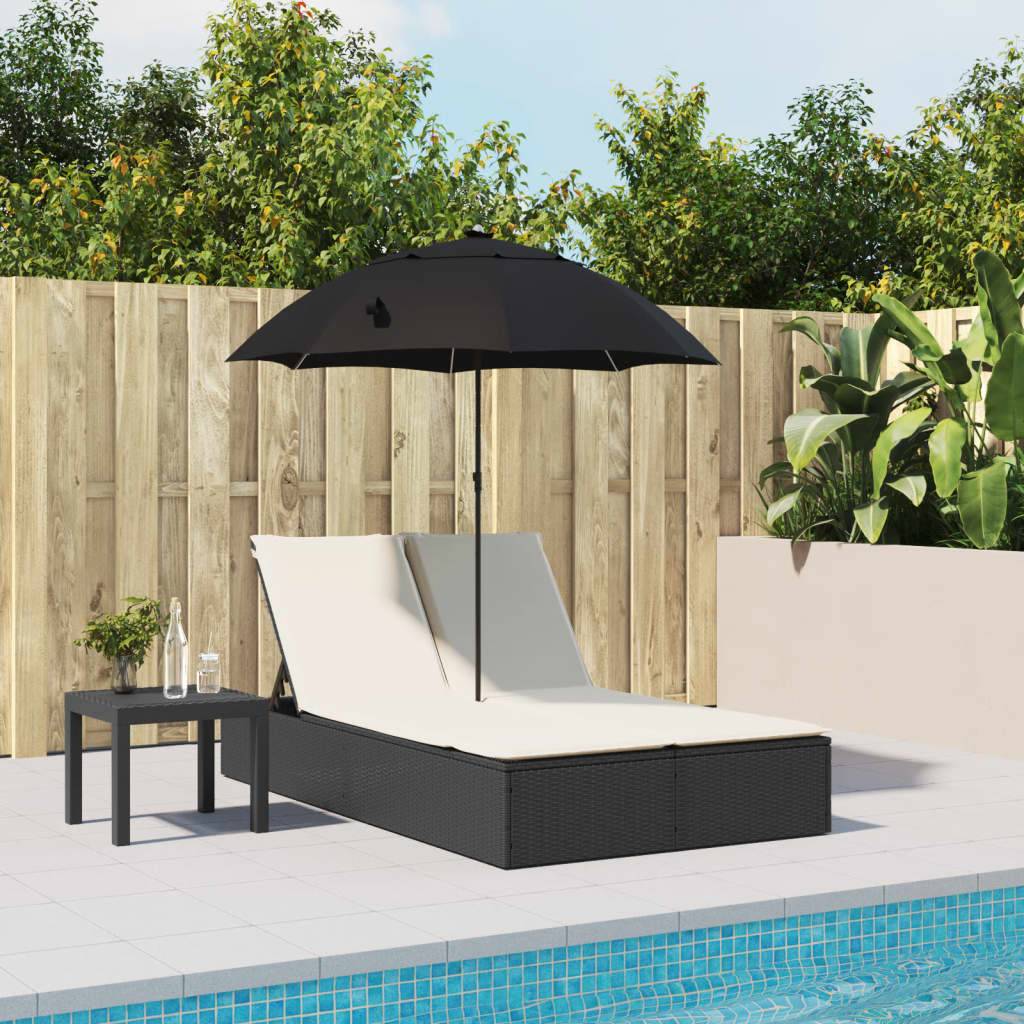 Chaise longue | Transat | Bain de soleil double et coussins et parasol noir résine tressée - Image 3