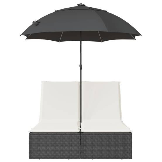 Chaise longue | Transat | Bain de soleil double et coussins et parasol noir résine tressée - Image 4