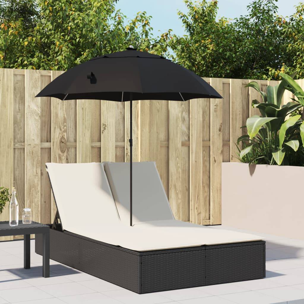 Chaise longue | Transat | Bain de soleil double et coussins et parasol noir résine tressée - Image 2
