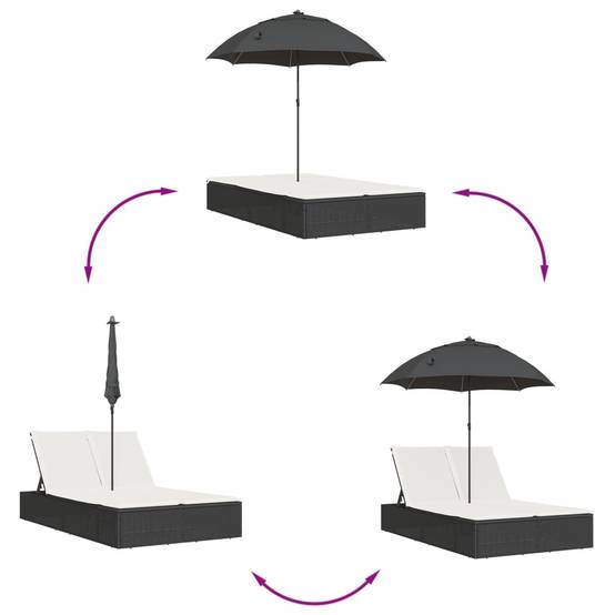 Chaise longue | Transat | Bain de soleil double et coussins et parasol noir résine tressée - Image 7
