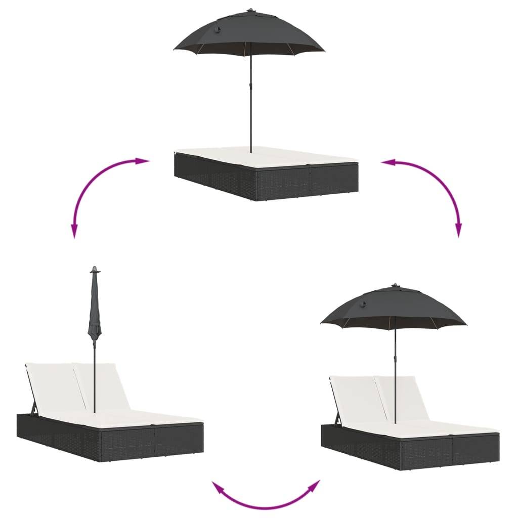 Chaise longue | Transat | Bain de soleil double et coussins et parasol noir résine tressée - Image 7
