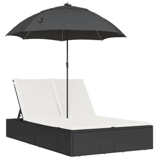Chaise longue | Transat | Bain de soleil double et coussins et parasol noir résine tressée - Image 1