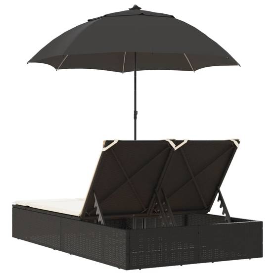 Chaise longue | Transat | Bain de soleil double et coussins et parasol noir résine tressée - Image 6