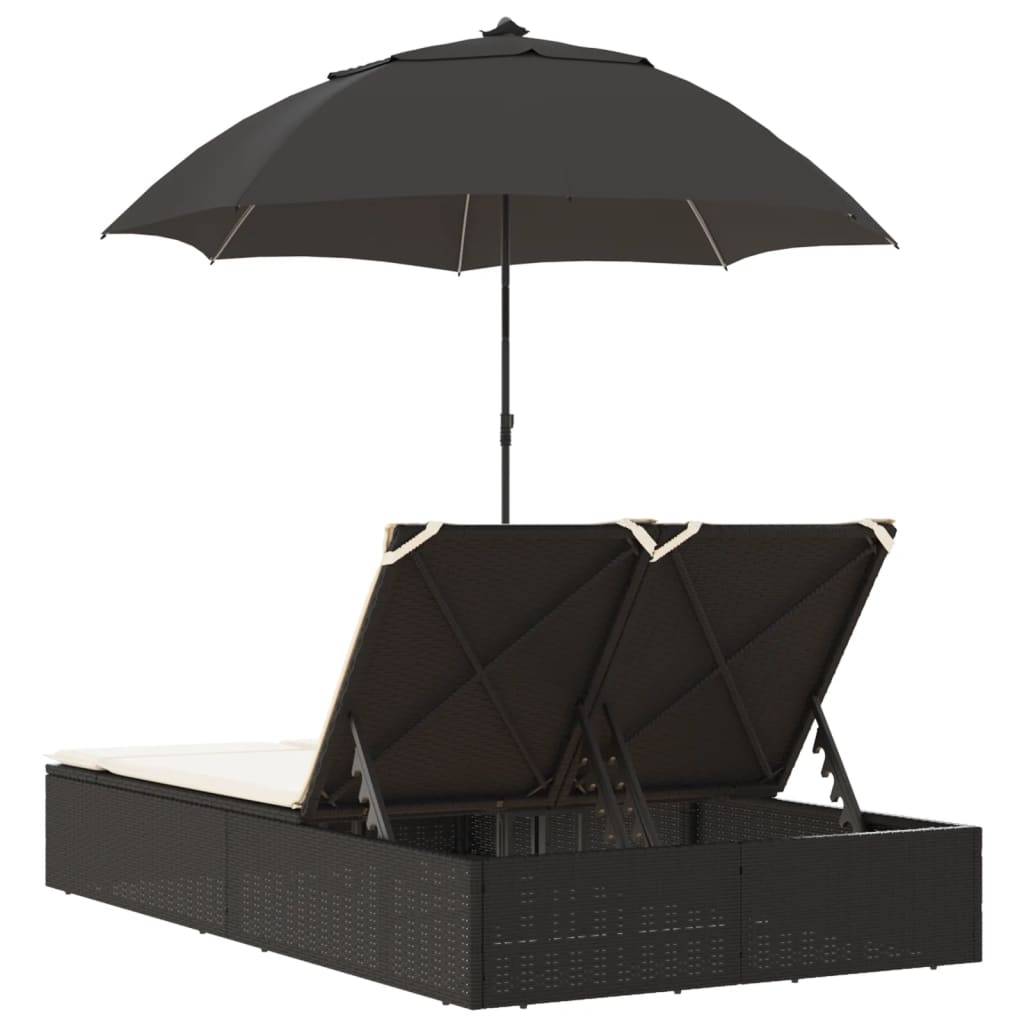 Chaise longue | Transat | Bain de soleil double et coussins et parasol noir résine tressée - Image 6