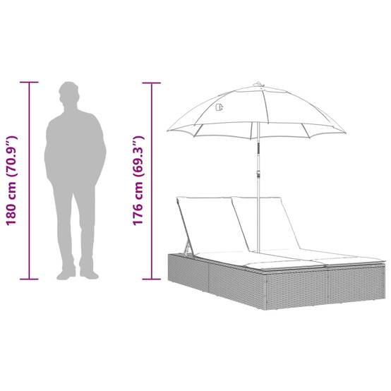 Chaise longue | Transat | Bain de soleil double et coussins et parasol noir résine tressée - Image 10