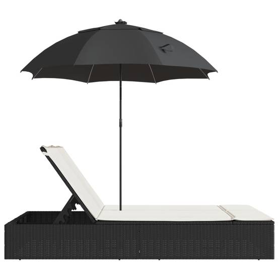 Chaise longue | Transat | Bain de soleil double et coussins et parasol noir résine tressée - Image 5