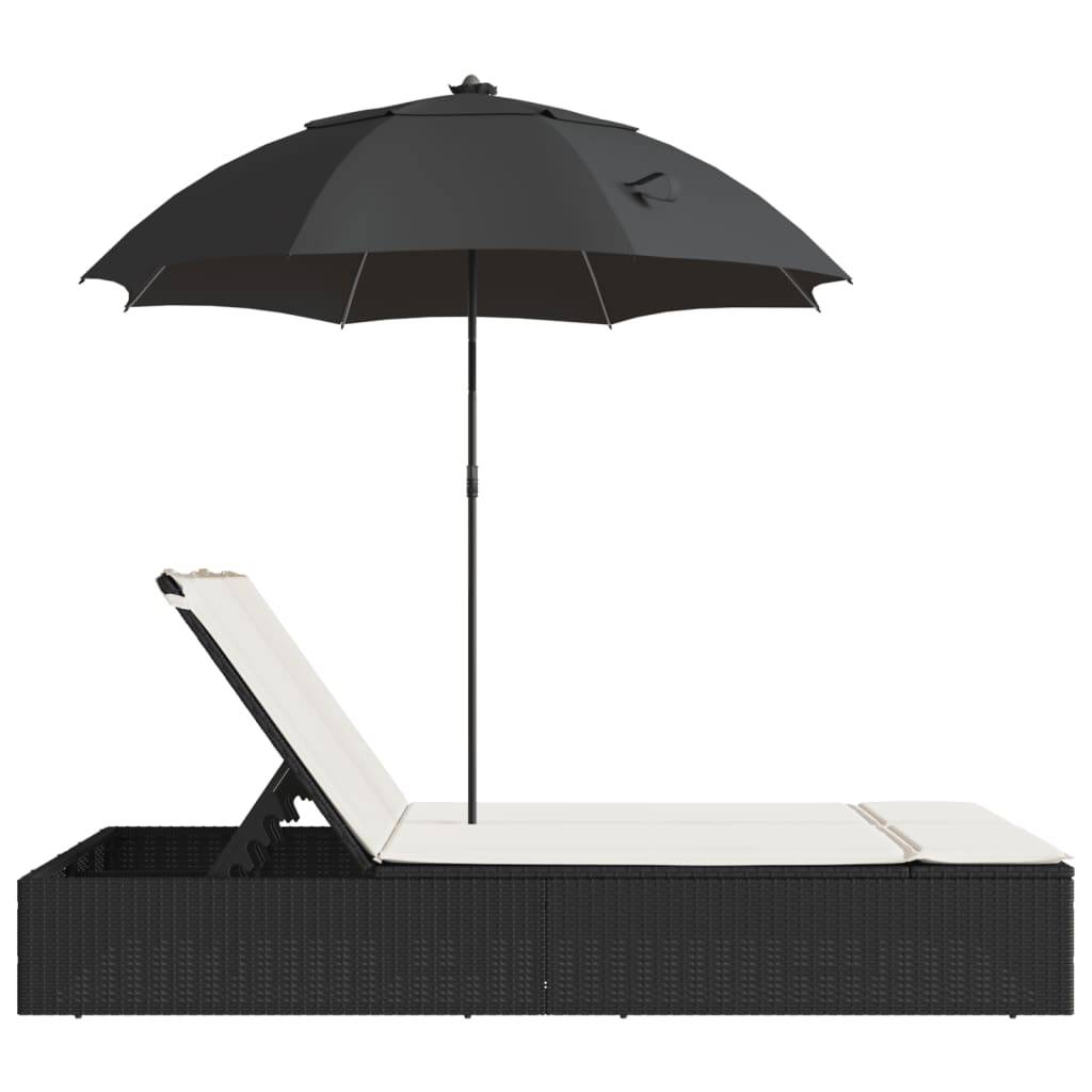 Chaise longue | Transat | Bain de soleil double et coussins et parasol noir résine tressée - Image 5