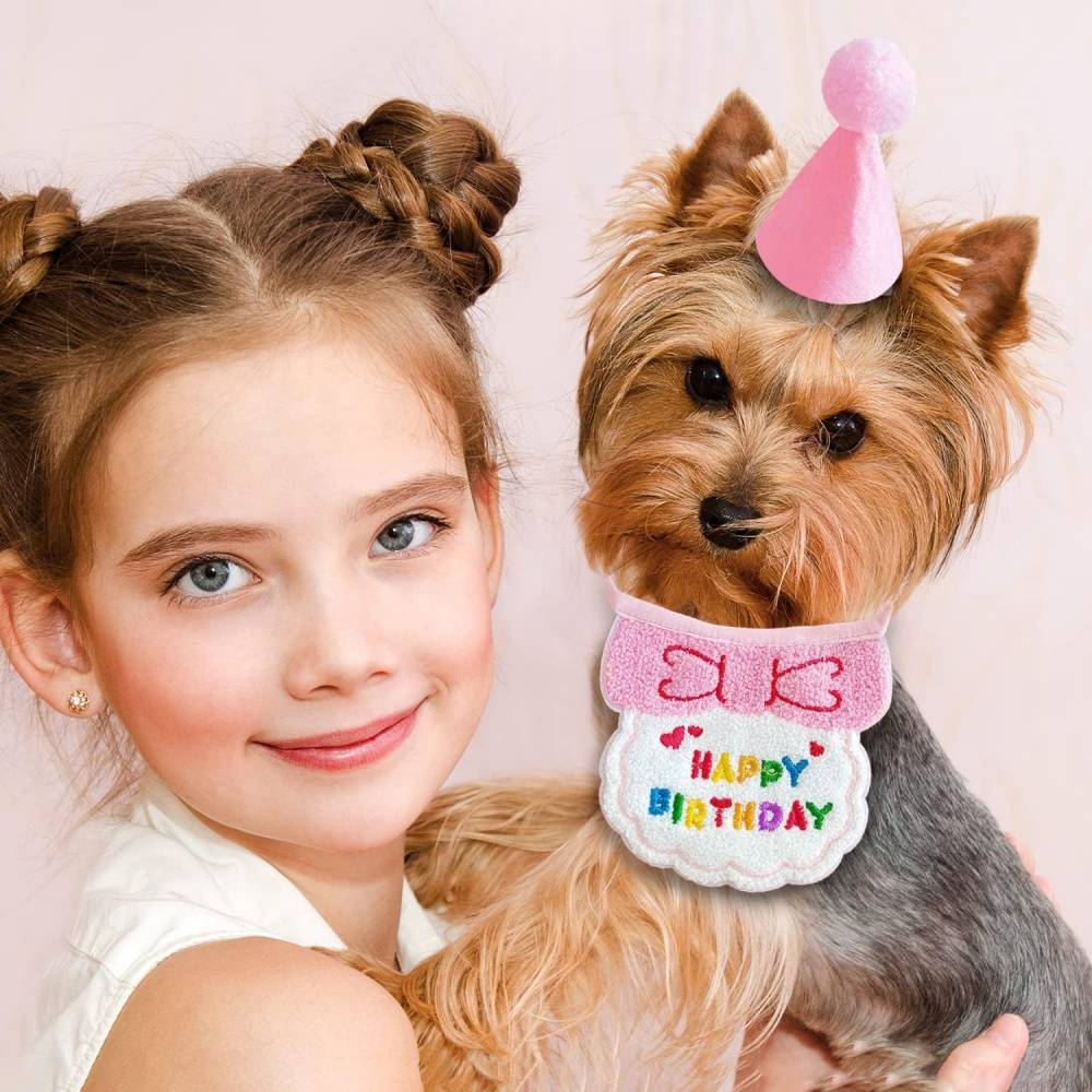 Set fête anniversaire chien/chat - Bandana + chapeau réglables - Motif "Joyeux Anniversaire" - Rose - Living123 - Image 5