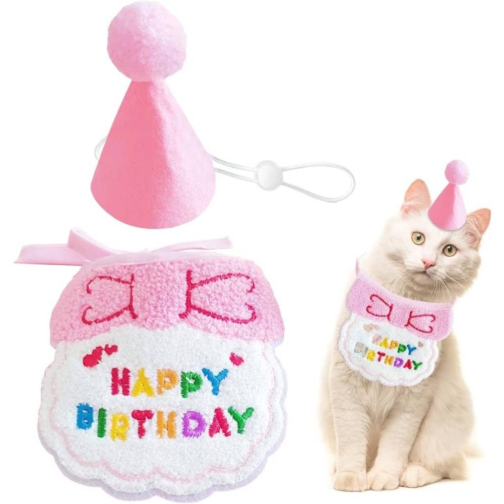 Set fête anniversaire chien/chat - Bandana + chapeau réglables - Motif "Joyeux Anniversaire" - Rose - Living123 - Image 1
