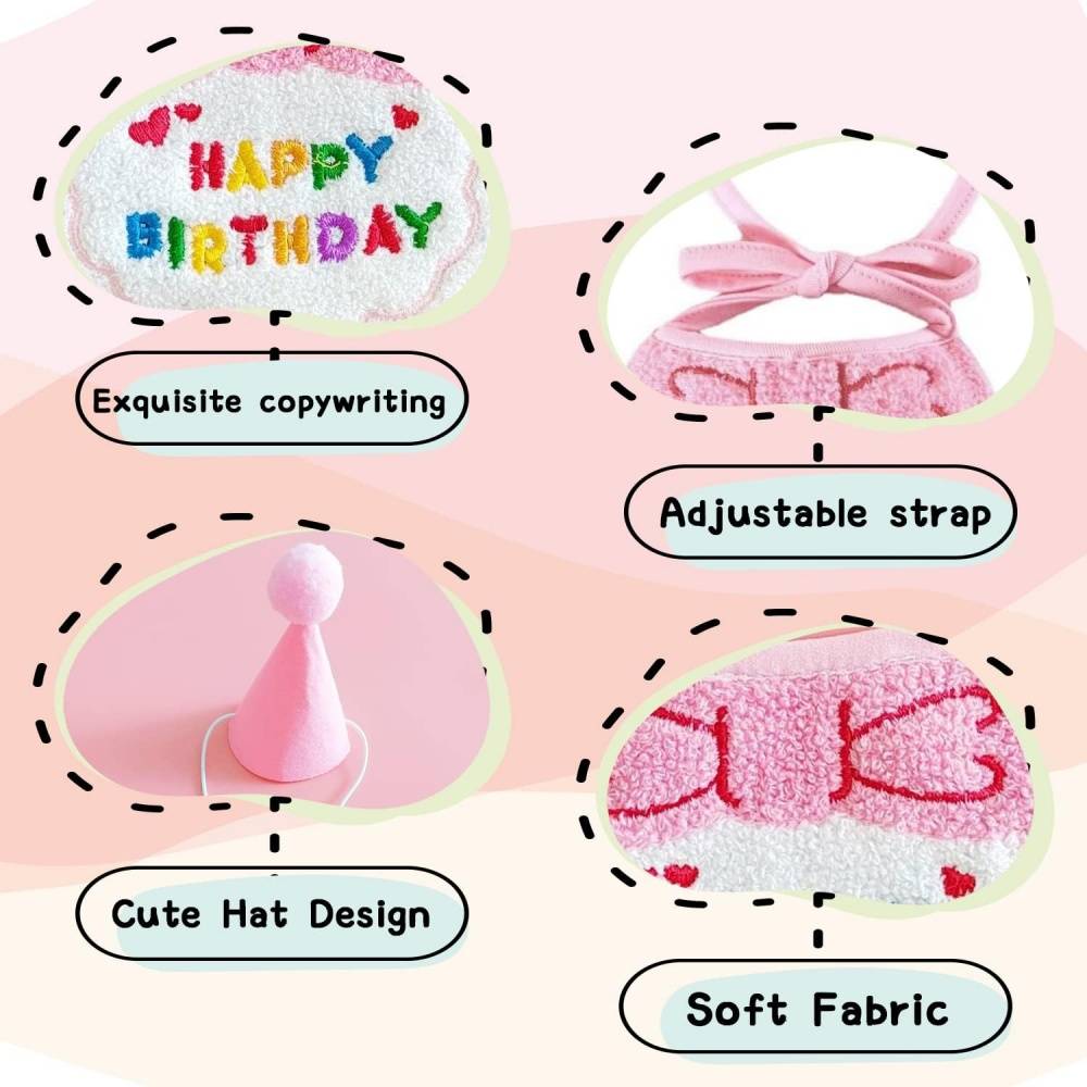 Set fête anniversaire chien/chat - Bandana + chapeau réglables - Motif "Joyeux Anniversaire" - Rose - Living123 - Image 2