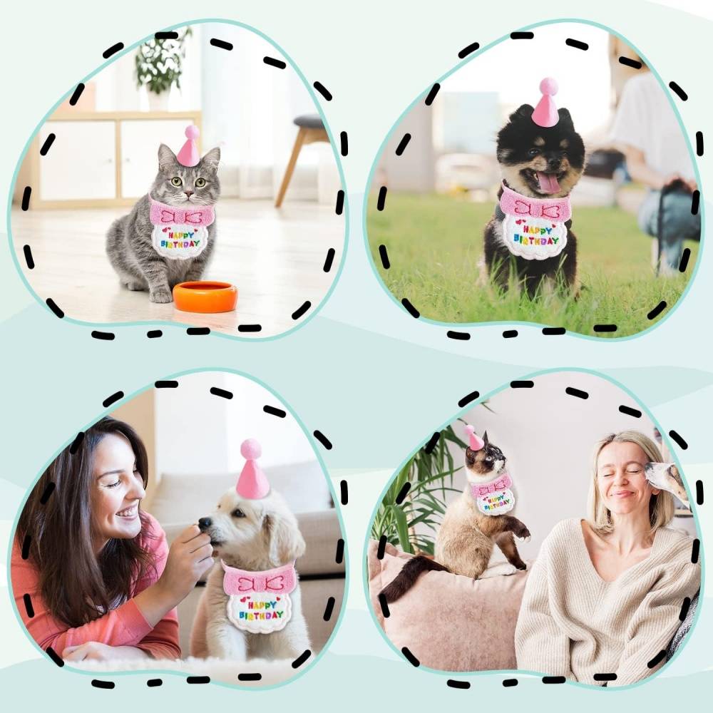 Set fête anniversaire chien/chat - Bandana + chapeau réglables - Motif "Joyeux Anniversaire" - Rose - Living123 - Image 6