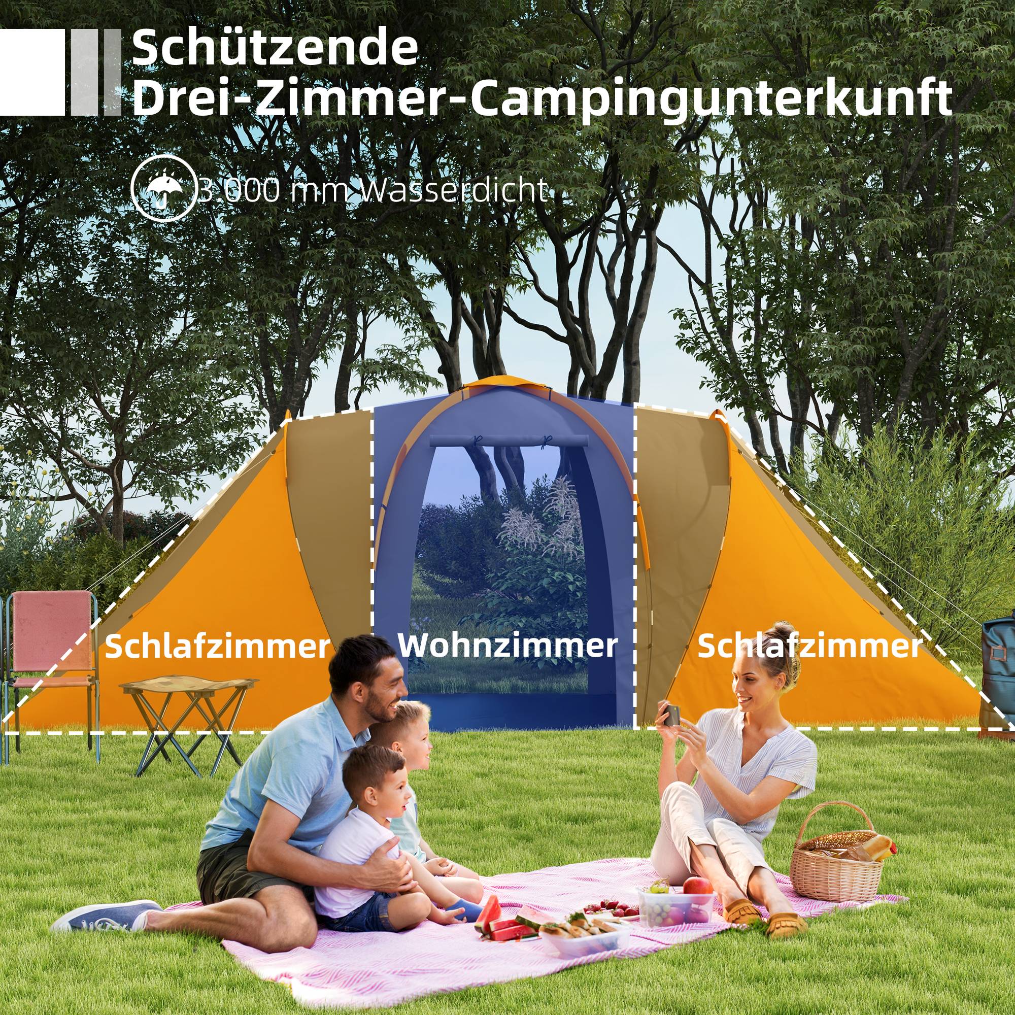 Tente tunnel imperméable 2000 mm pour 4-6 personnes avec 2 chambres et séjour, sac gris orange - Image 6