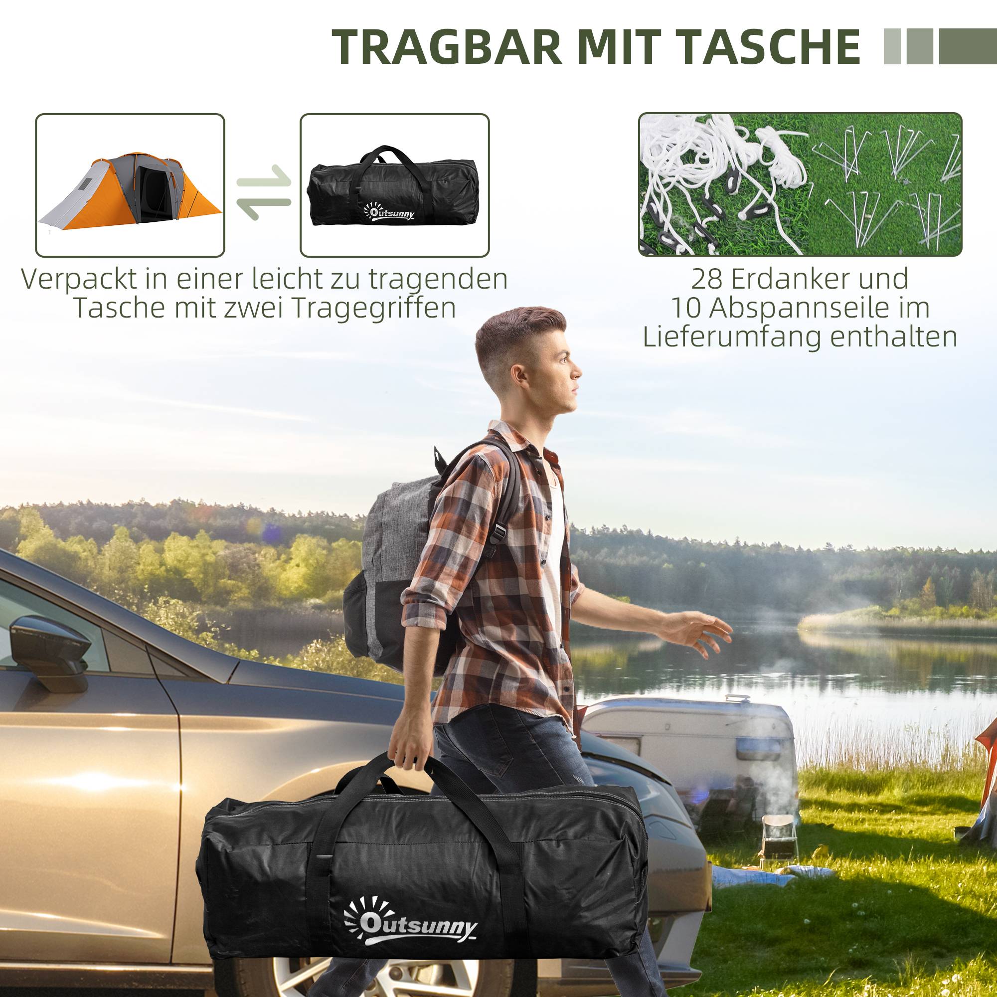 Tente tunnel imperméable 2000 mm pour 4-6 personnes avec 2 chambres et séjour, sac gris orange - Image 9