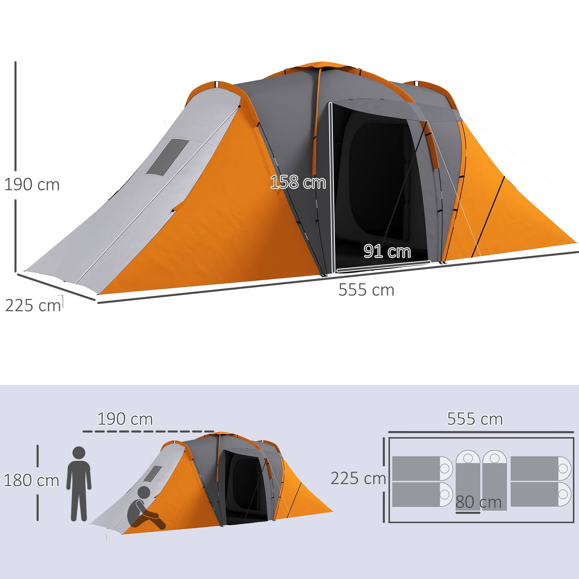 Tente tunnel imperméable 2000 mm pour 4-6 personnes avec 2 chambres et séjour, sac gris orange - Image 5