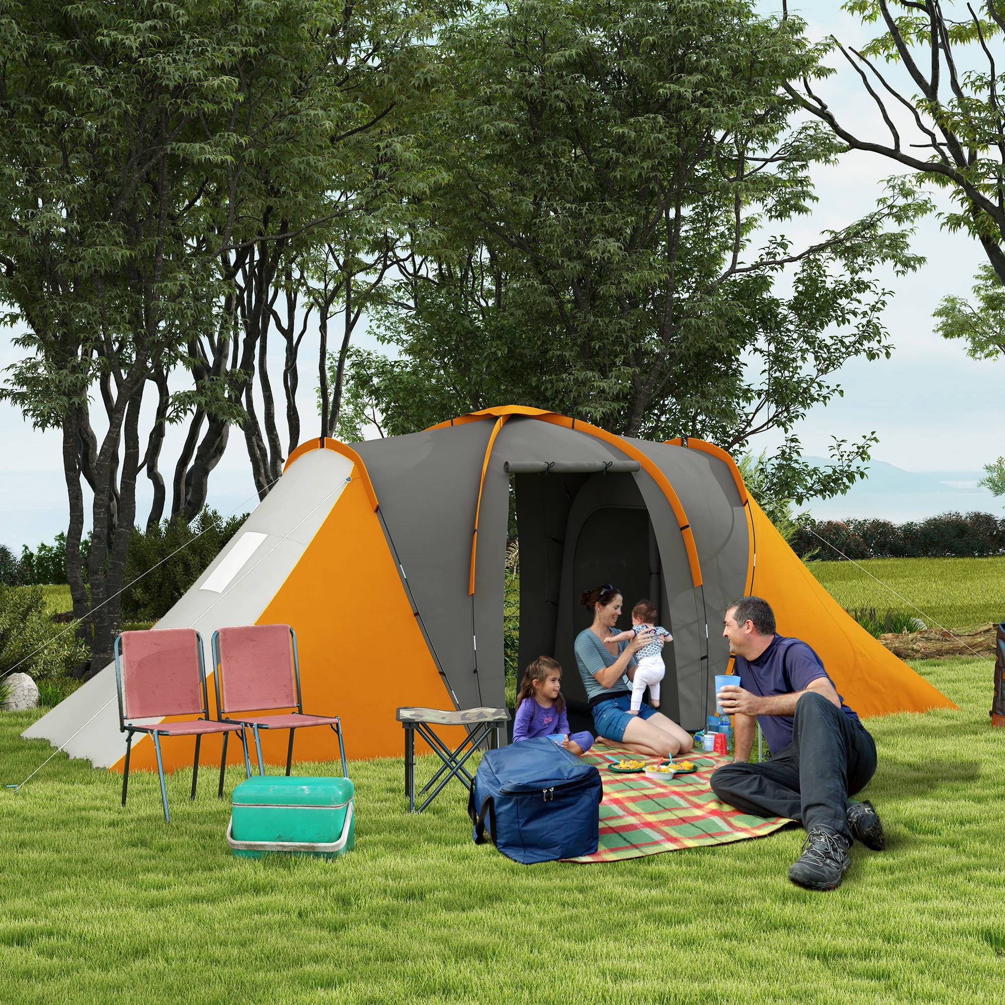 Tente tunnel imperméable 2000 mm pour 4-6 personnes avec 2 chambres et séjour, sac gris orange - Image 4