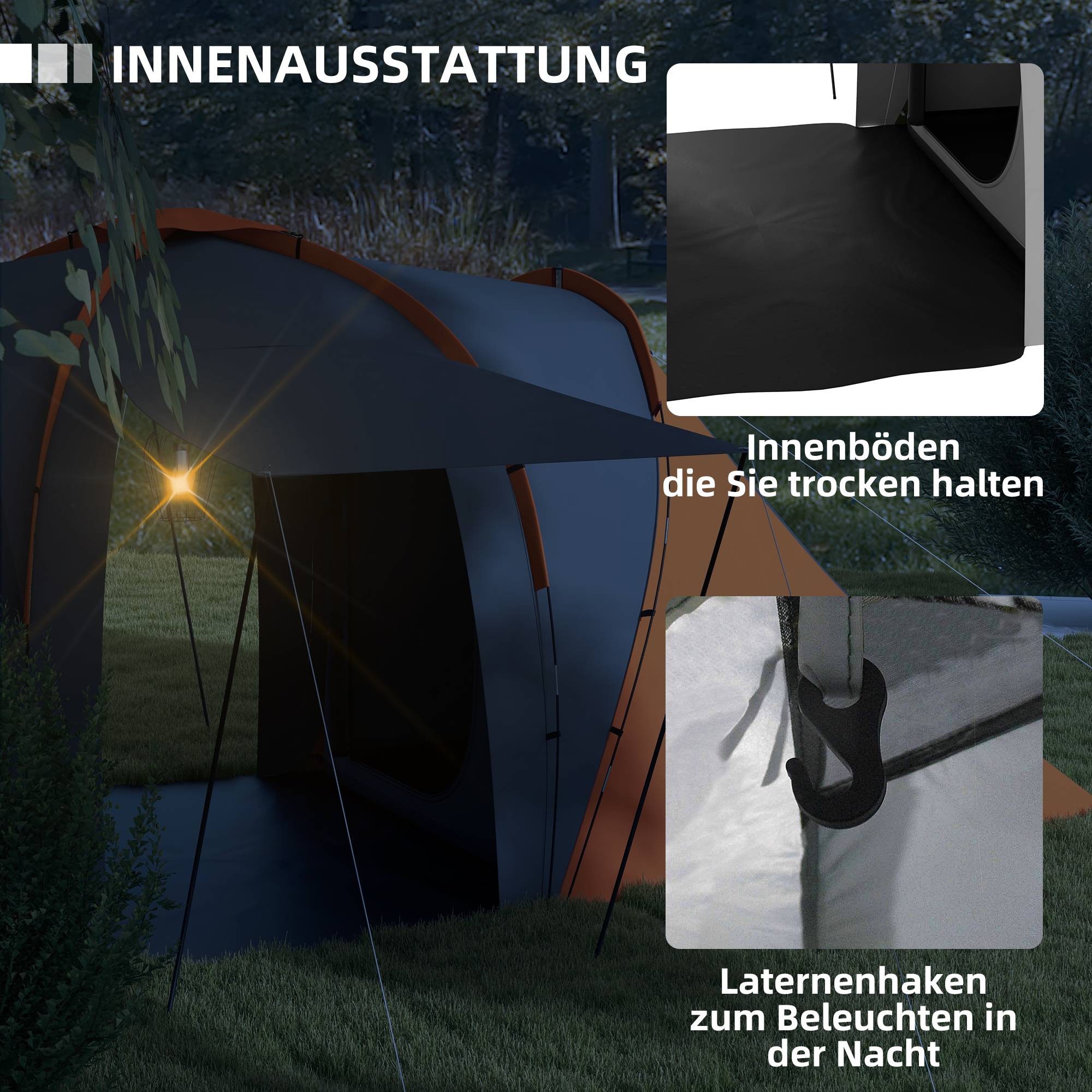 Tente tunnel imperméable 2000 mm pour 4-6 personnes avec 2 chambres et séjour, sac gris orange - Image 8