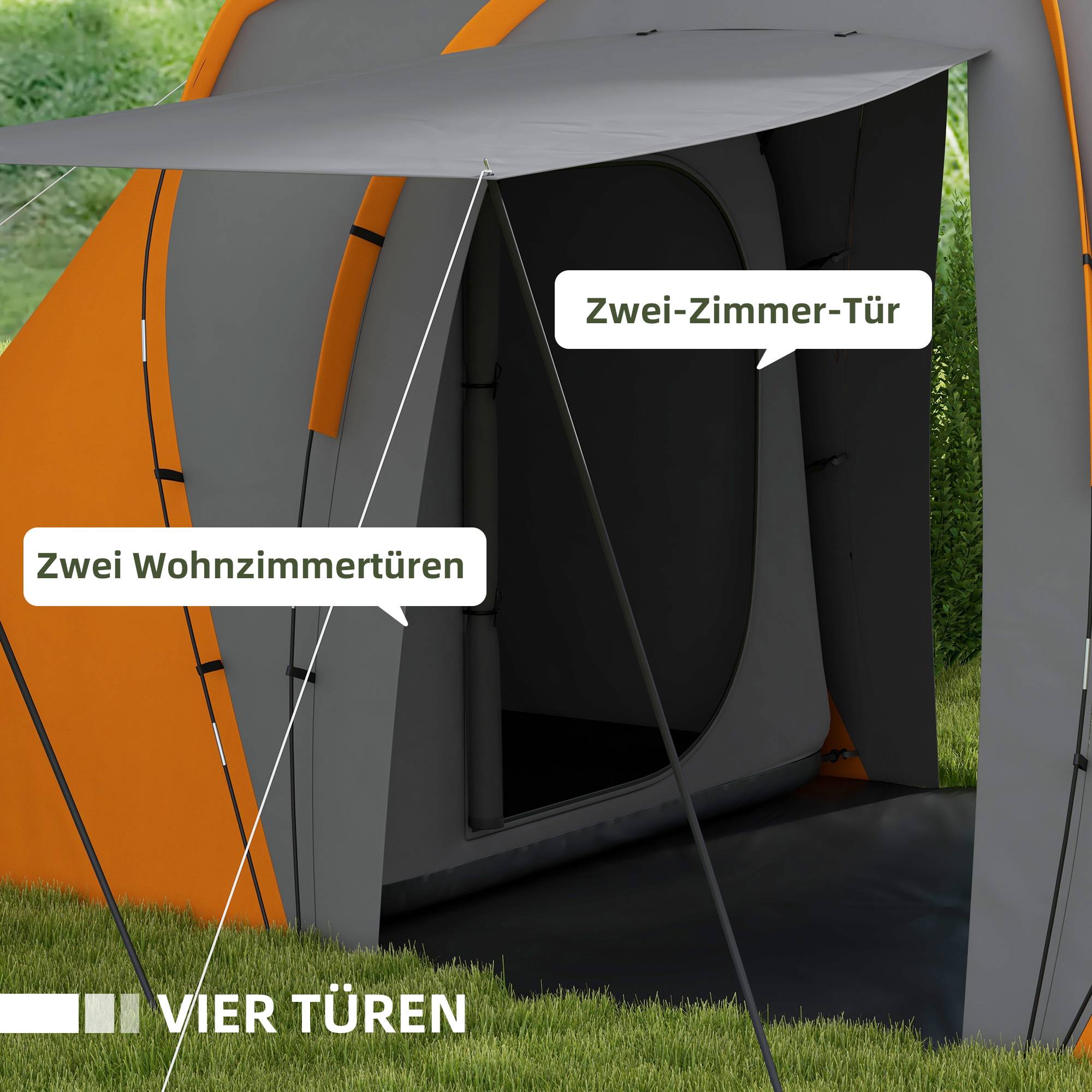 Tente tunnel imperméable 2000 mm pour 4-6 personnes avec 2 chambres et séjour, sac gris orange - Image 7