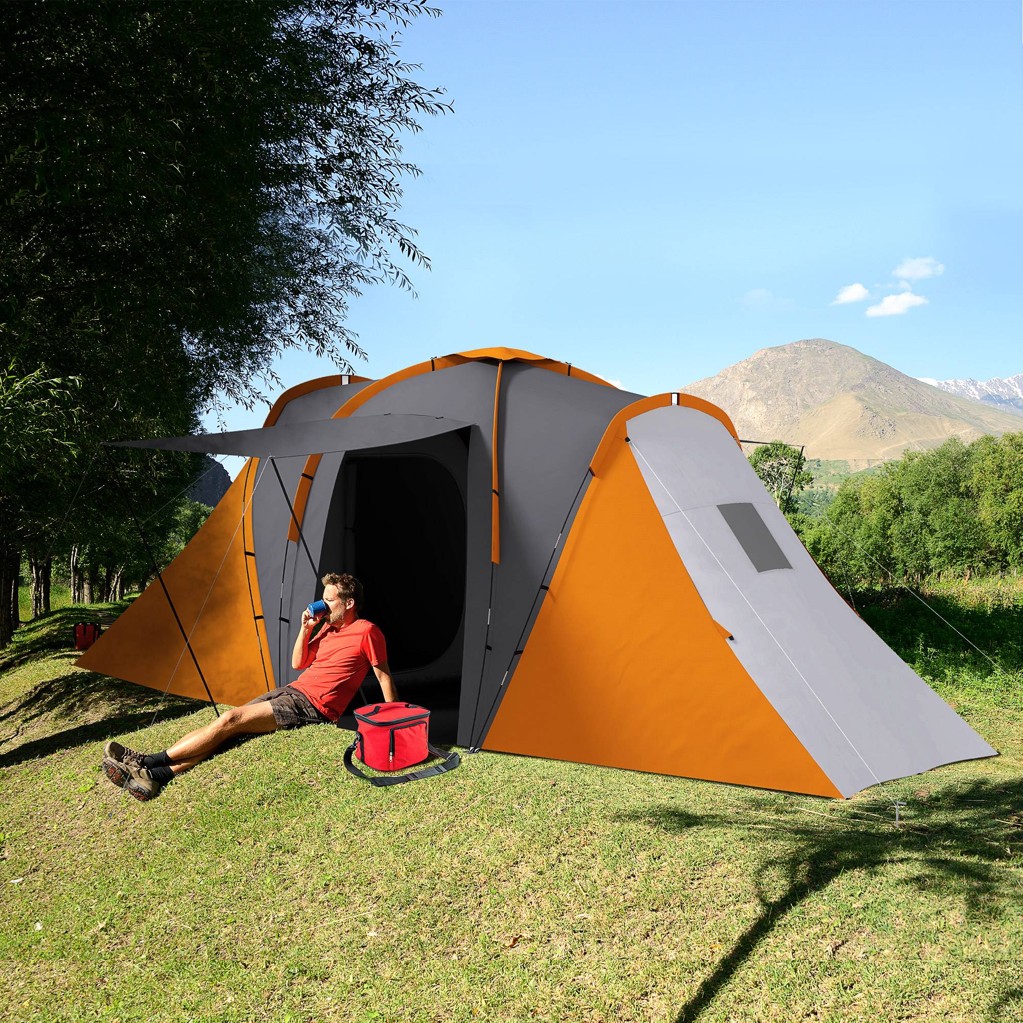 Tente tunnel imperméable 2000 mm pour 4-6 personnes avec 2 chambres et séjour, sac gris orange - Image 3