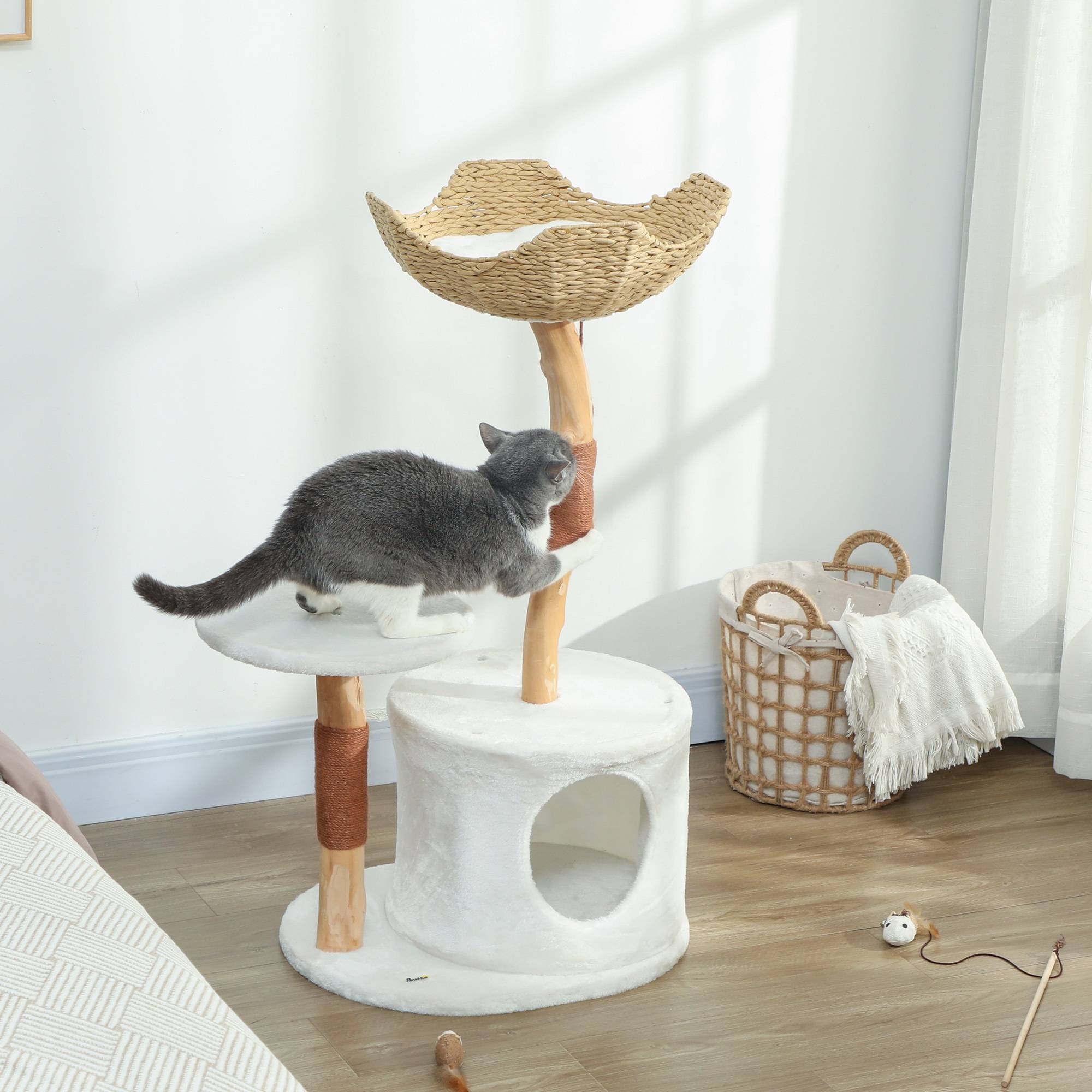 Arbre à chat bois et sisal blanc 55 x 45 x 102 cm - PANGIVO - Image 4
