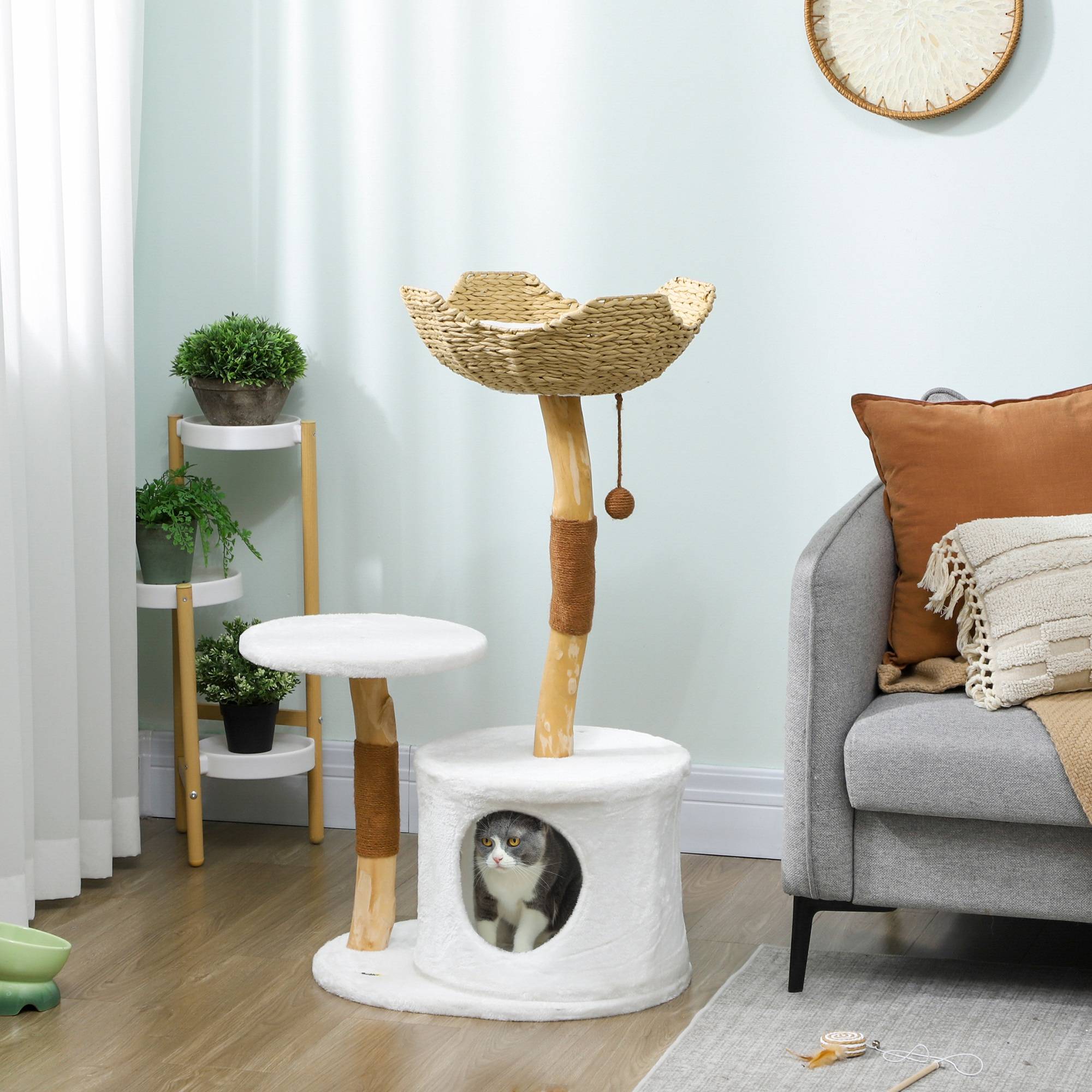 Arbre à chat bois et sisal blanc 55 x 45 x 102 cm - PANGIVO - Image 3