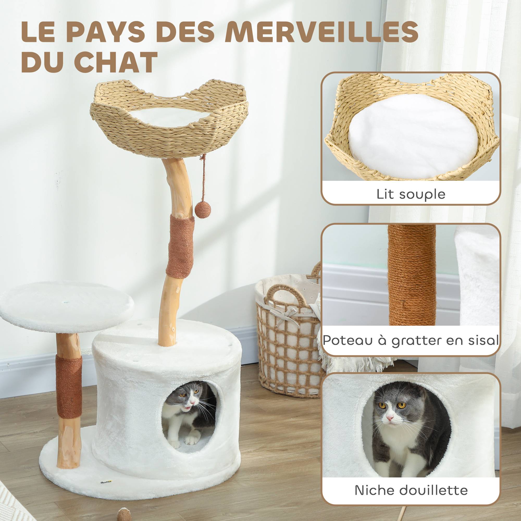 Arbre à chat bois et sisal blanc 55 x 45 x 102 cm - PANGIVO - Image 6