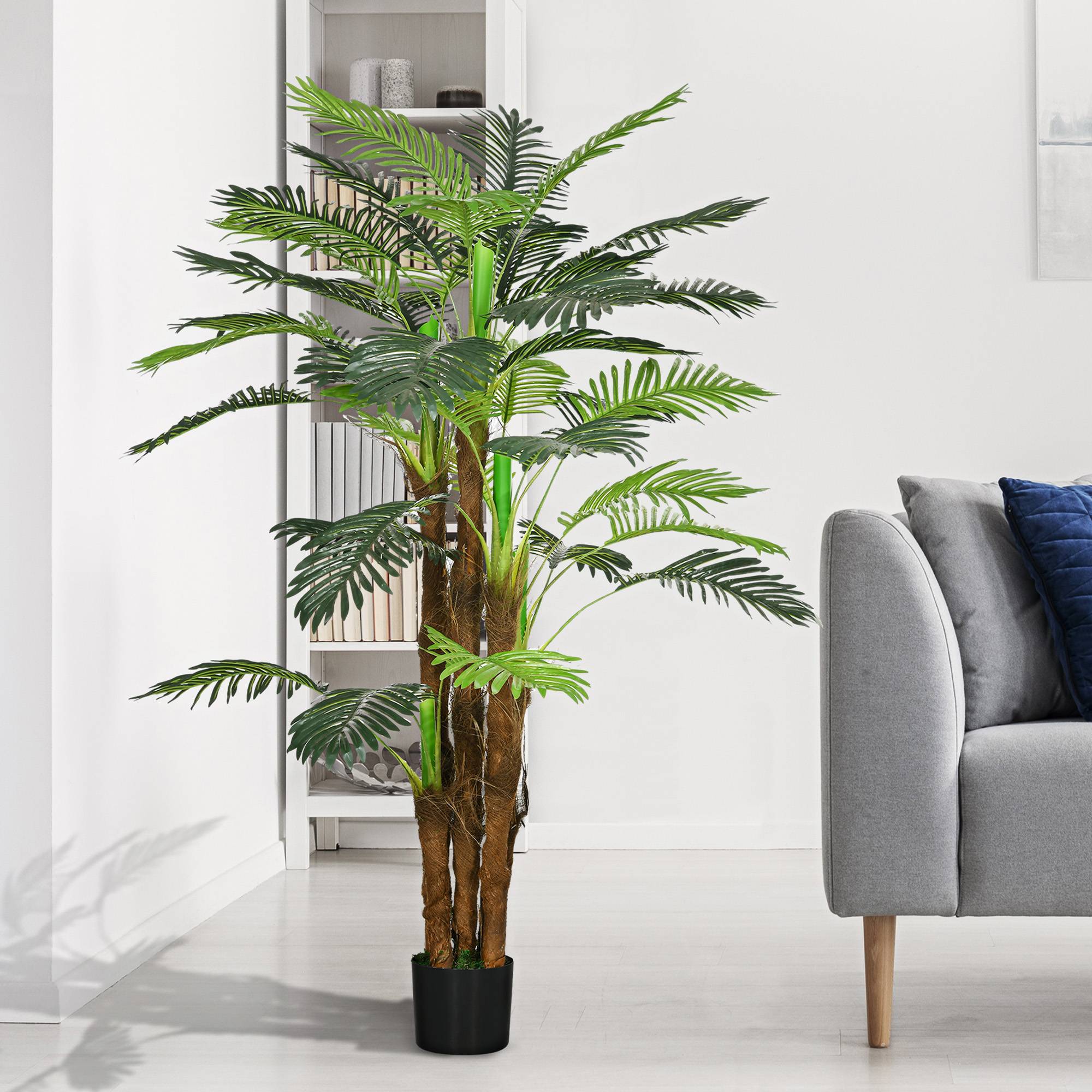 Sans Marque - Palmier artificiel, 1,6 m, branches réalistes, plante déco, plastique, avec pot, brun+vert - Image 4