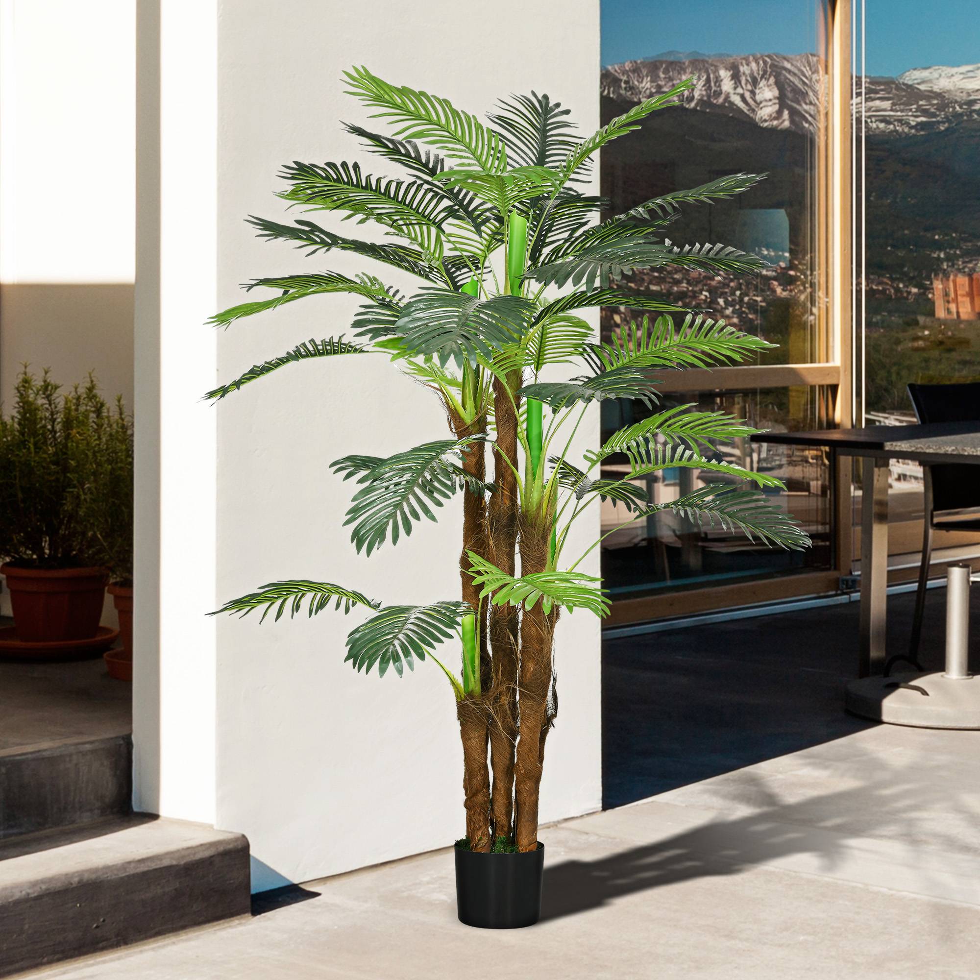 Sans Marque - Palmier artificiel, 1,6 m, branches réalistes, plante déco, plastique, avec pot, brun+vert - Image 9