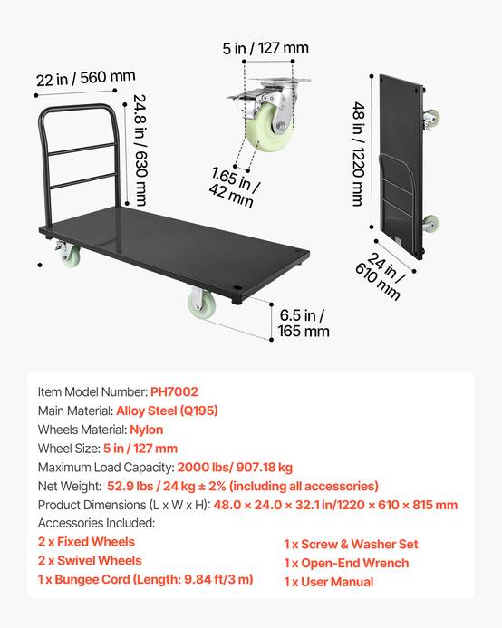 VEVOR Chariot à Plateforme Robuste Chariot à Plateau 122x61 cm Charge 907 kg - Image 7