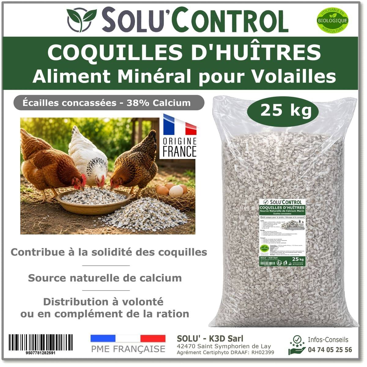 25 kg Écailles de Coquilles d'Huîtres pour Volailles (Poules, oies, ...) - SOLU'CONTROL - Aliment Minéral Naturel, 38% Calcium - Image 1