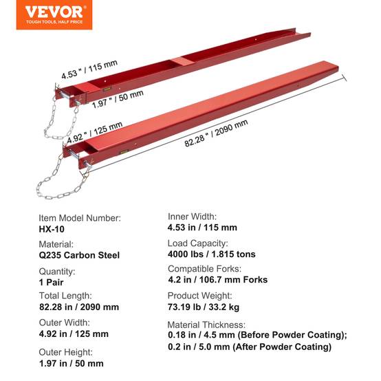VEVOR Rallonges fourches palette 2090x115 mm, acier carbone, rouge. Pour charges lourdes, chariot élévateur. - Image 7