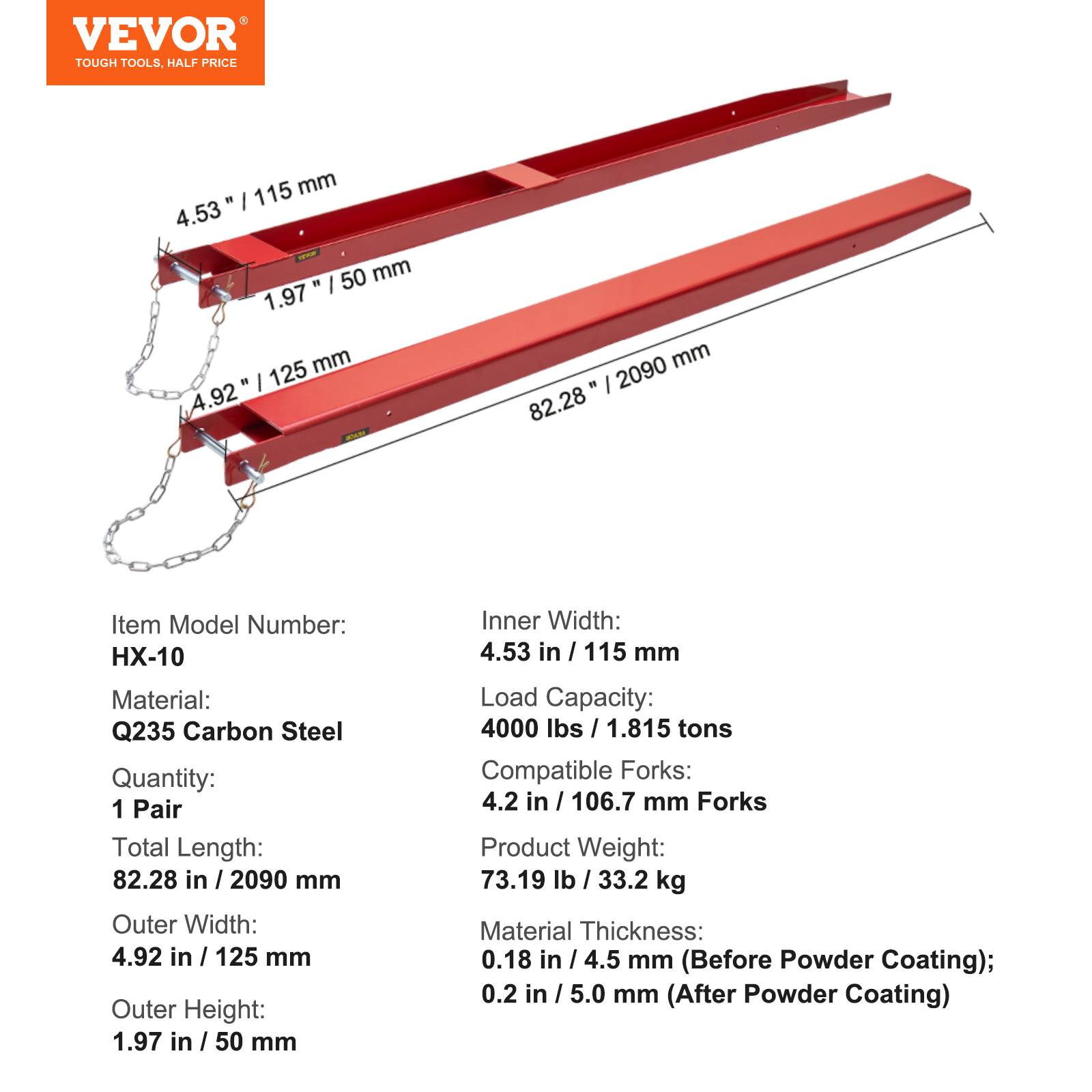 VEVOR Rallonges fourches palette 2090x115 mm, acier carbone, rouge. Pour charges lourdes, chariot élévateur. - Image 7