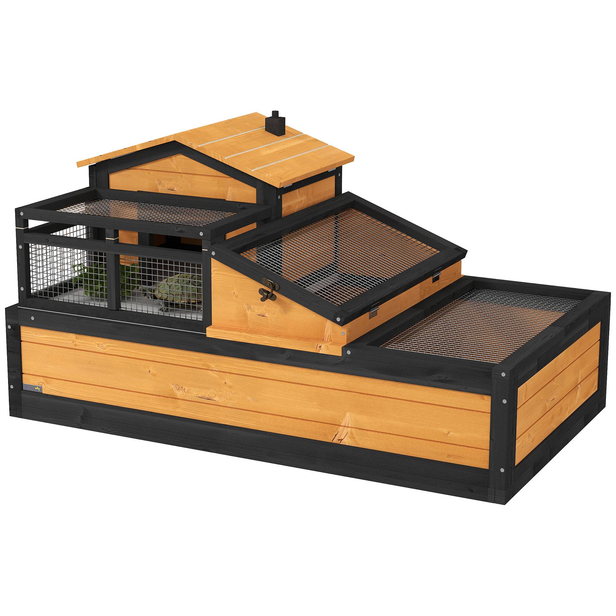 Sans Marque - Maison pour tortues, 2 niveaux, pour l'intérieur et l'extérieur, tiroir, bois de sapin, jaune - Image 1