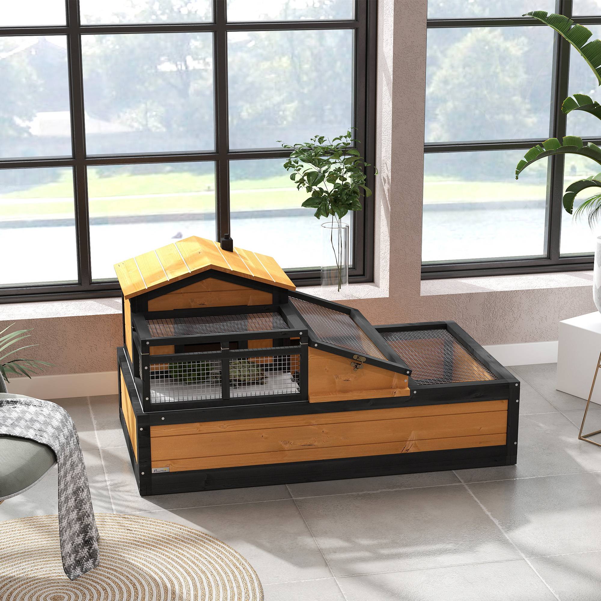 Sans Marque - Maison pour tortues, 2 niveaux, pour l'intérieur et l'extérieur, tiroir, bois de sapin, jaune - Image 4