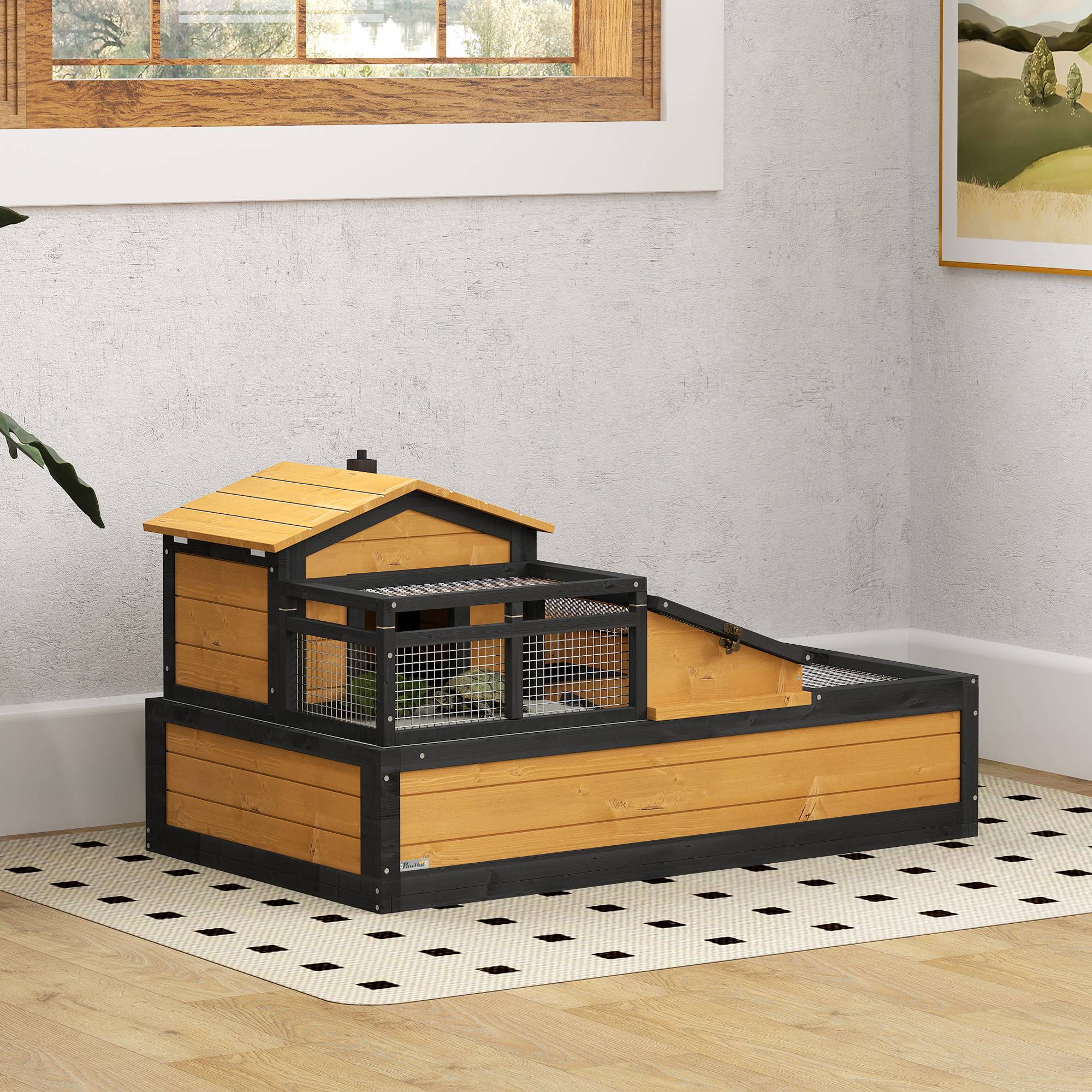 Sans Marque - Maison pour tortues, 2 niveaux, pour l'intérieur et l'extérieur, tiroir, bois de sapin, jaune - Image 3